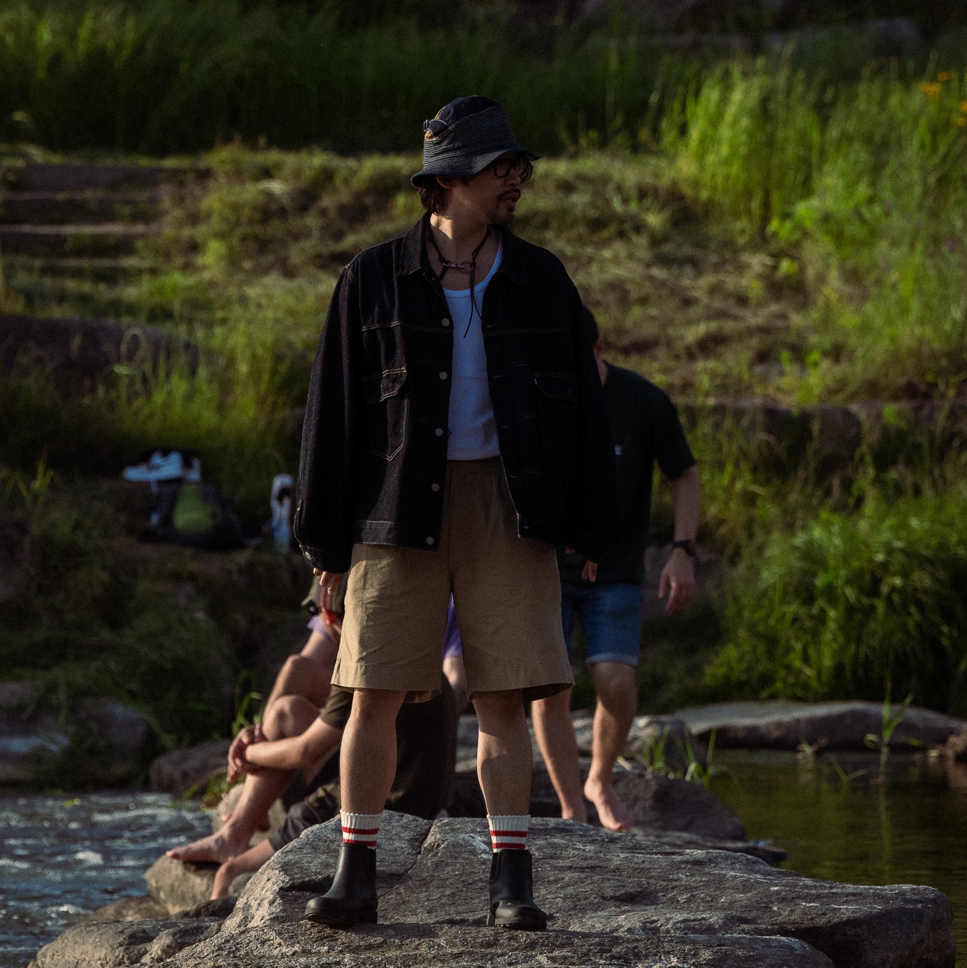 Kapital 11.5 oz. Black X Black Denim The Old Man and The Sea Hat Black, Our Legacy Ladon Leather Keychain Black 착용 스타일 - 1