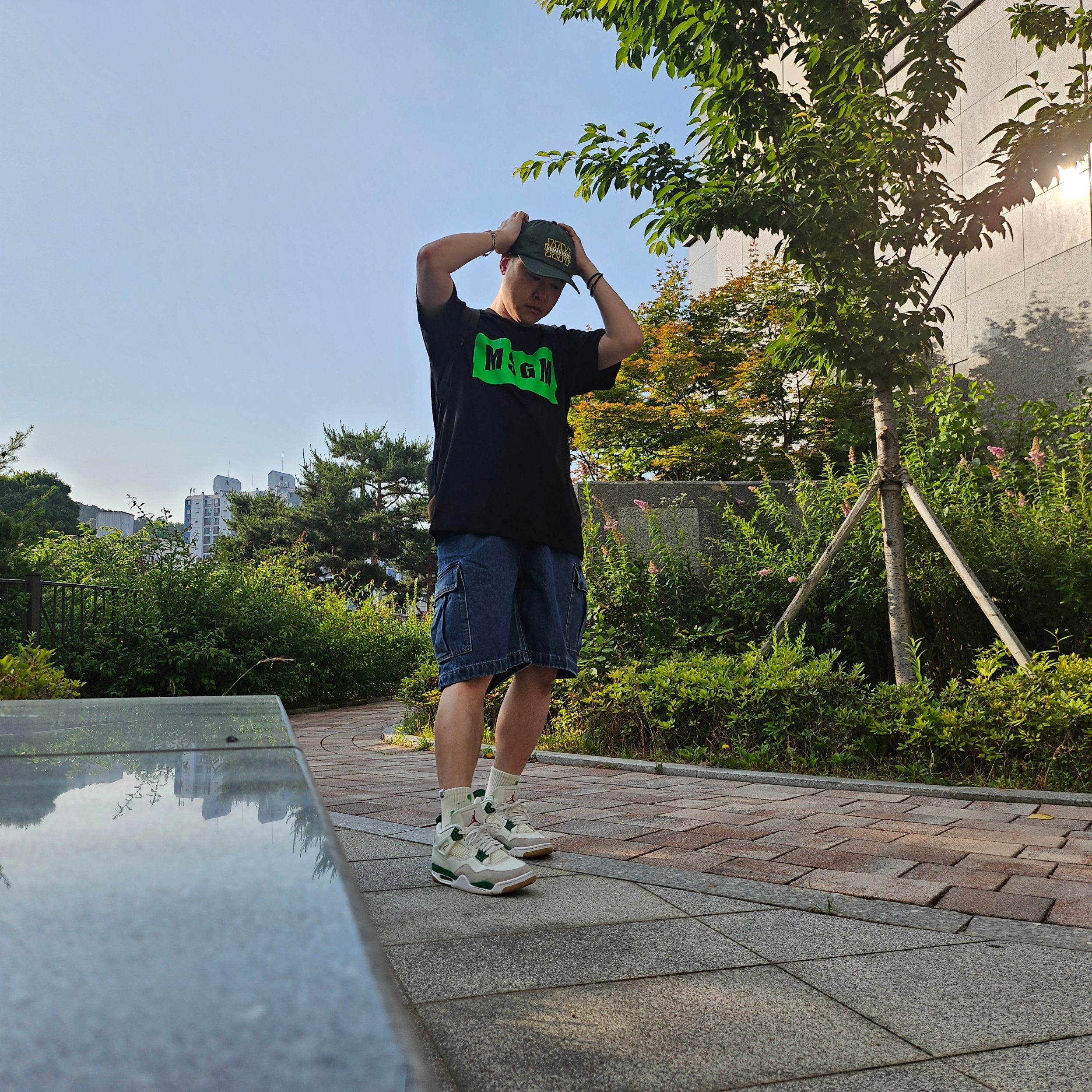 Human Made 5-Panel Twill Cap #1 Green, Jordan 4 x Nike SB Retro SP Pine Green 착용 스타일 - 1