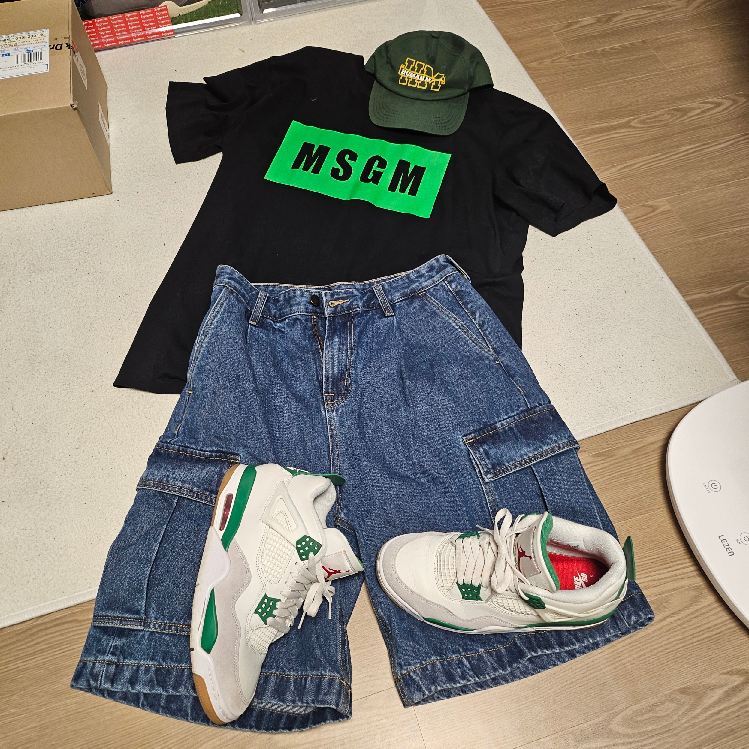 Human Made 5-Panel Twill Cap #1 Green, Jordan 4 x Nike SB Retro SP Pine Green 착용 스타일 - 2