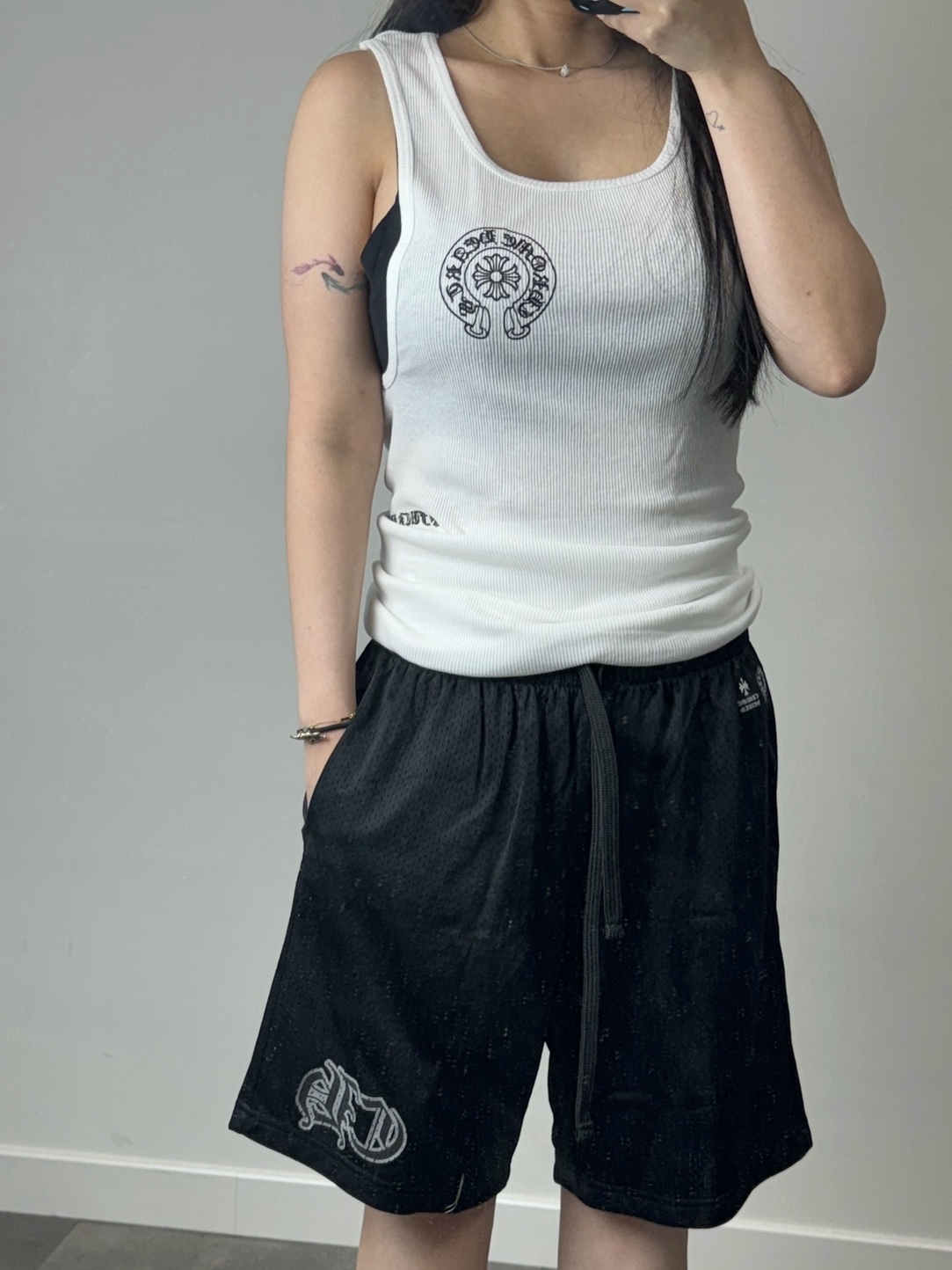 Chrome Hearts Mesh Varsity Shorts Black, Chrome Hearts Horseshoe Fuck You Logo Tank Top White 착용 스타일