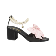 (W) Chanel Sandals Silk Imitation Pearls & Black Light Pink