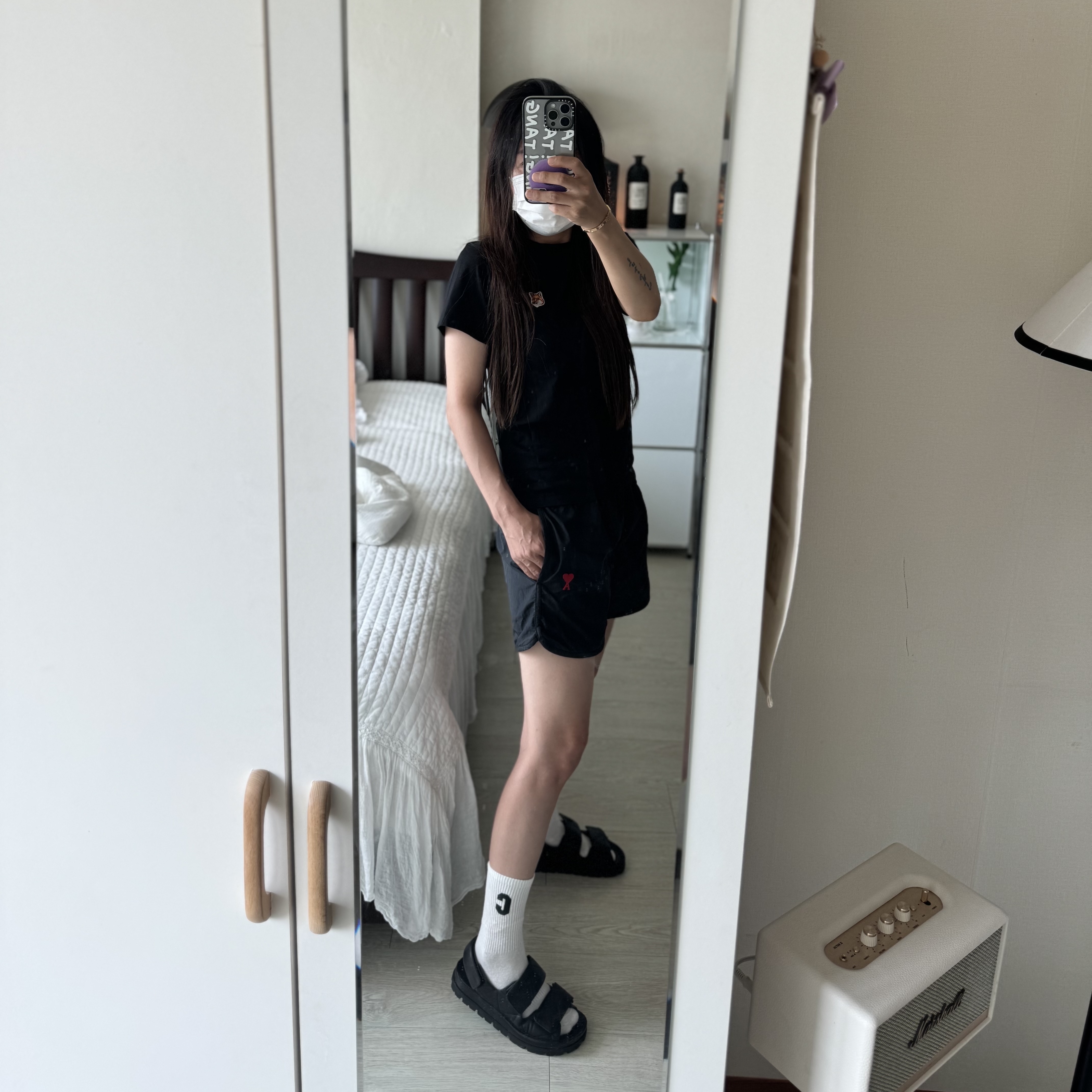 (W) Prada Quilted Nappa Leather Sandal Black, (W) Maison Kitsune Fox Head Patch Classic T-Shirt Black 착용 스타일 - 1