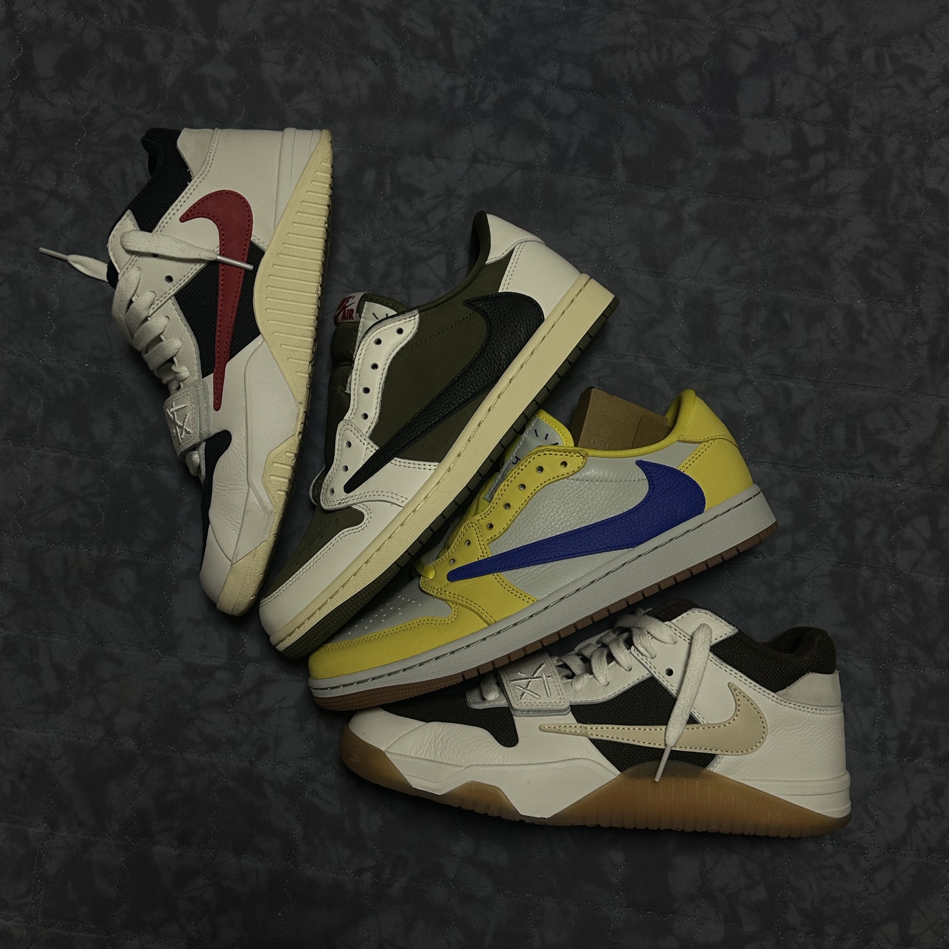 Jordan x Travis Scott Jumpman Jack TR University Red, (W) Jordan 1 x Travis Scott Retro Low OG SP Canary 착용 스타일 - 1