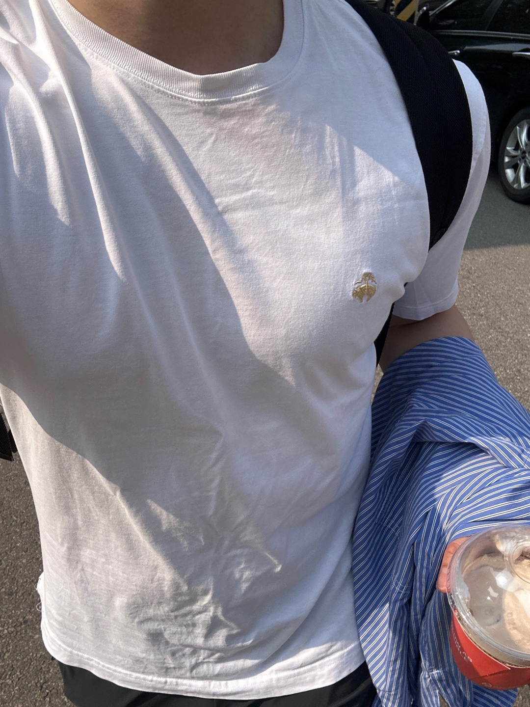 Play Comme des Garcons Striped Black Heart Shirt Blue 착용 스타일