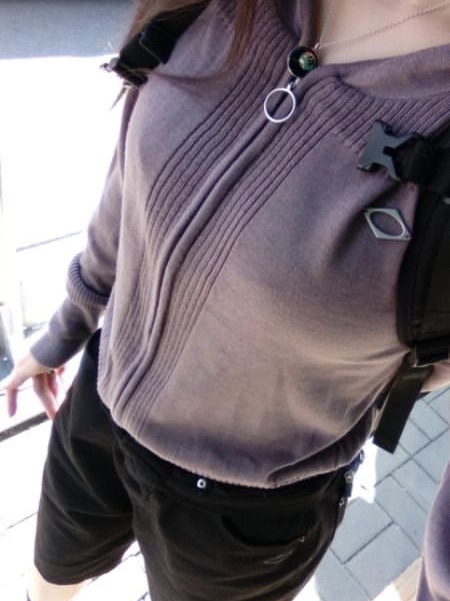 (W) Mischief Rhombus Knitted Hoodie Rose Brown, (W) Mischief Bermuda Pants Black 착용 스타일