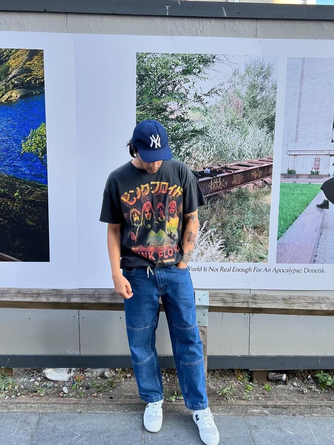 Rafu Band T-Shirt Black, Stone Island 2NS82 Band Multi Logo T-Shirt Navy Blue - 21FW 착용 스타일 - 5