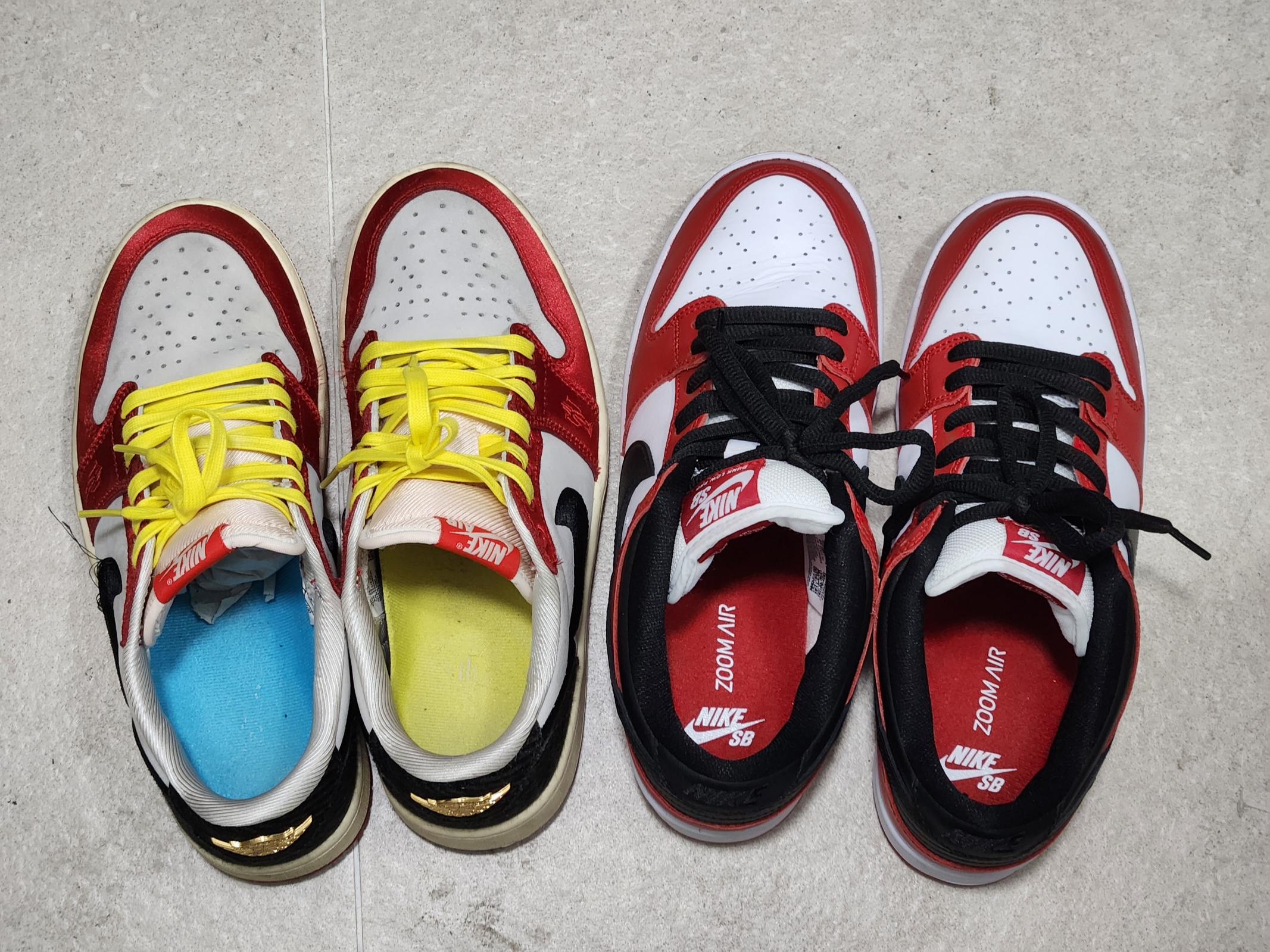 Nike SB Dunk Low Pro Chicago, Jordan 1 x Trophy Room Retro Low OG SP Sail Varsity Red 착용 스타일