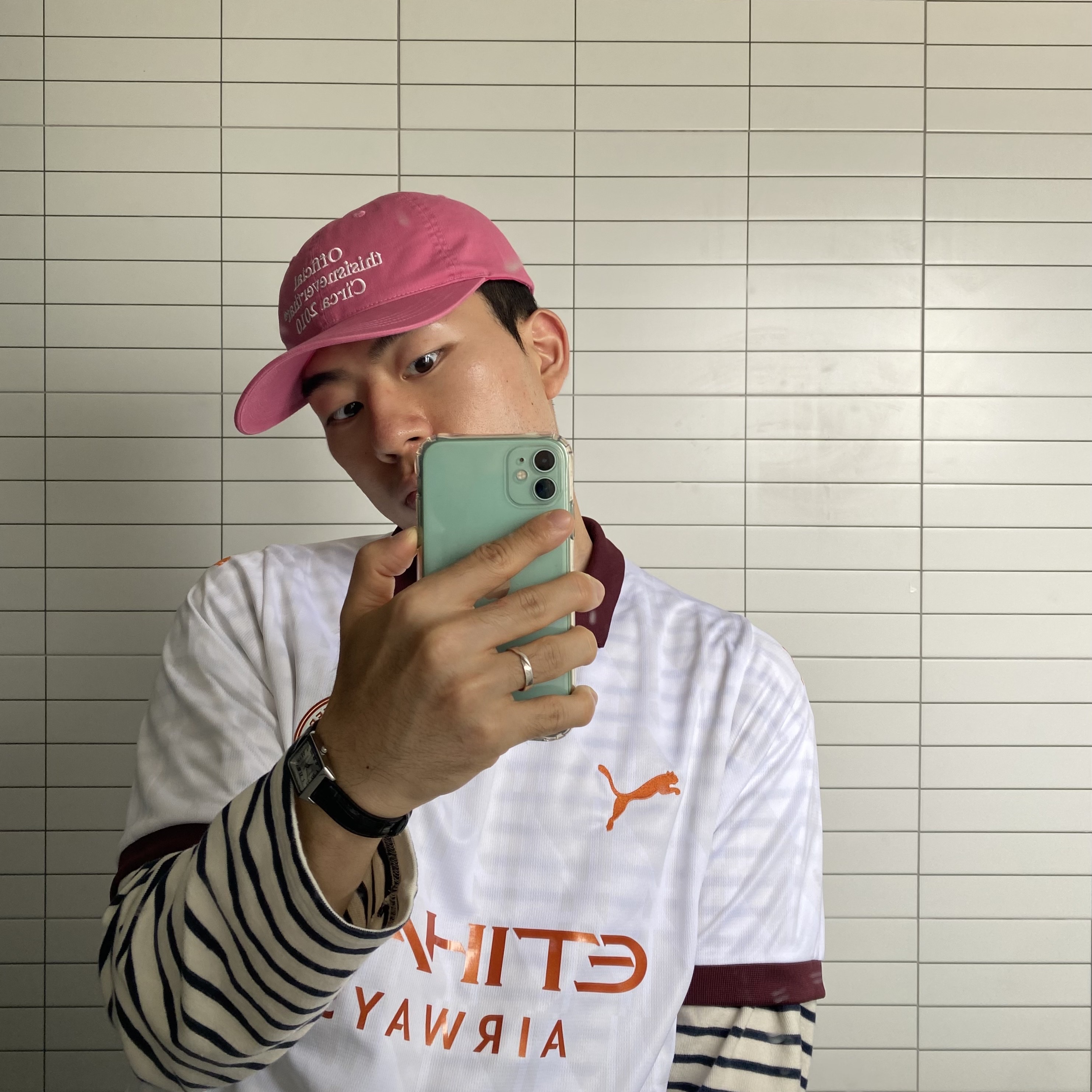 Puma Manchester City 2023/24 Away Jersey White Aubergine (Non Marking Ver.), Thisisneverthat Times Cap Pink 착용 스타일 - 1