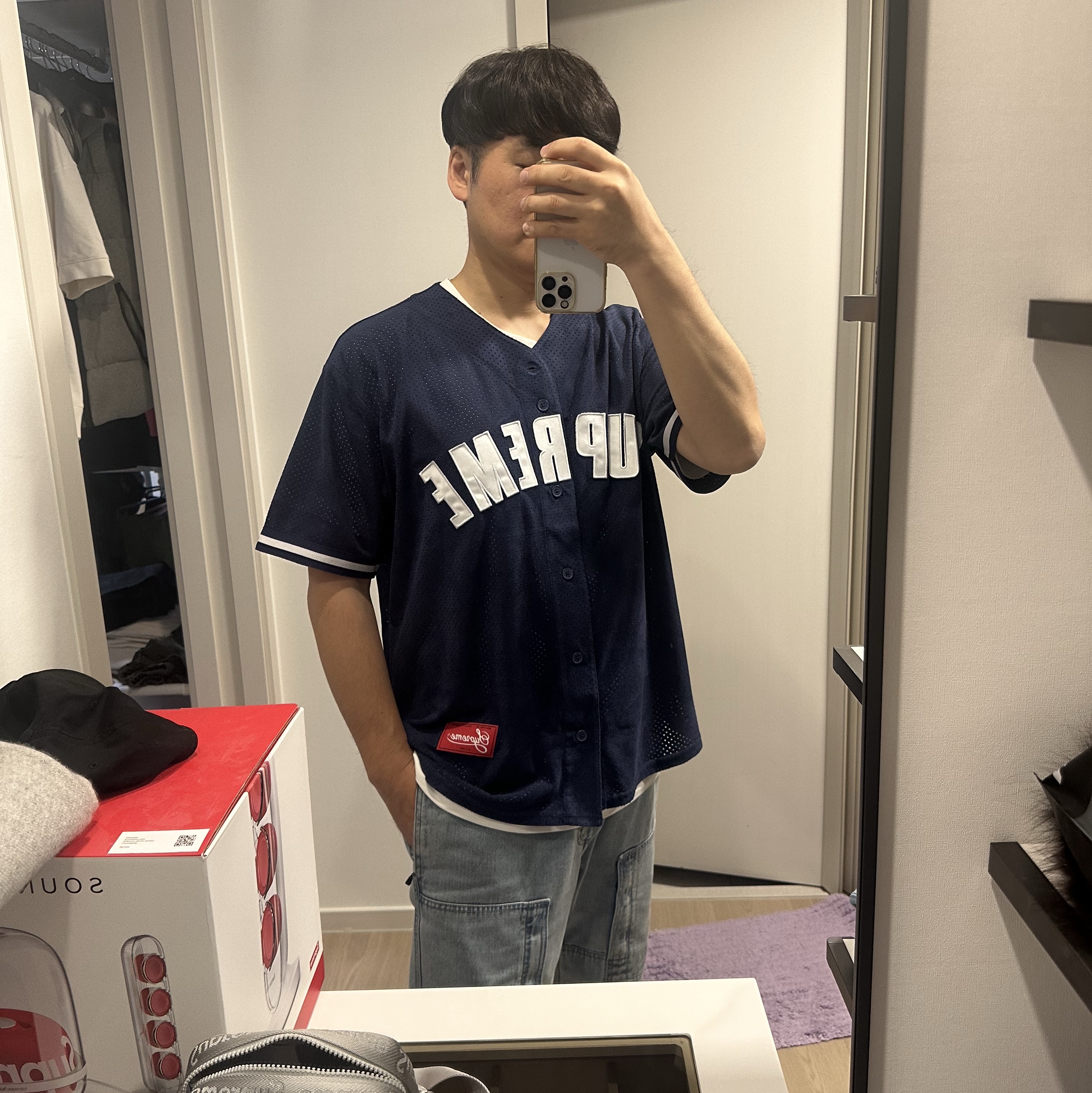 Supreme Ultrasuede Mesh Baseball Jersey Navy - 24SS, Supreme x Nike ACG Belted Denim Pants Washed Blue - 22FW 착용 스타일