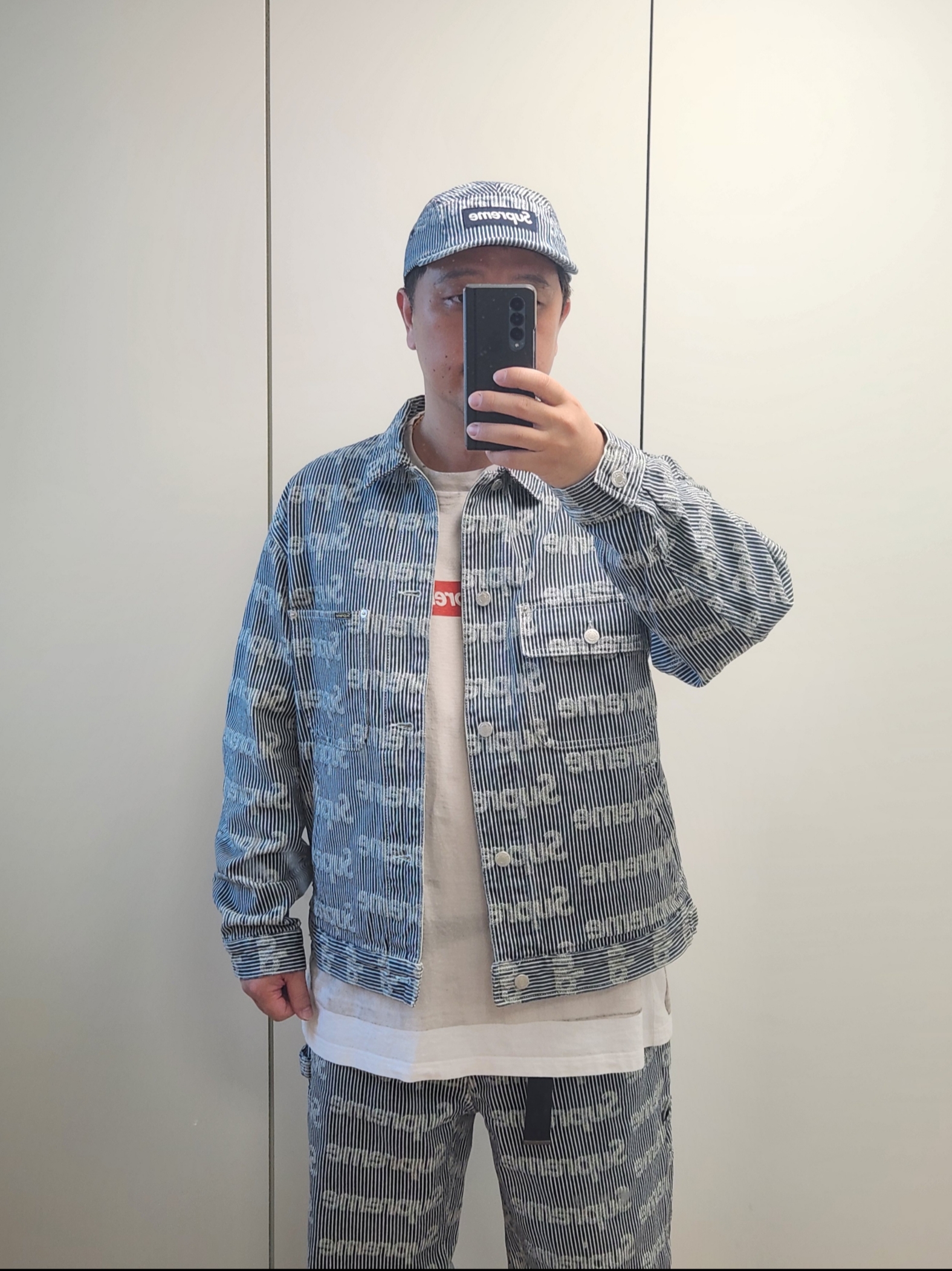 Supreme Denim Camp Cap Stripe - 24SS, Supreme Denim Chore Trucker Jacket Stripe - 24SS 착용 스타일 - 4