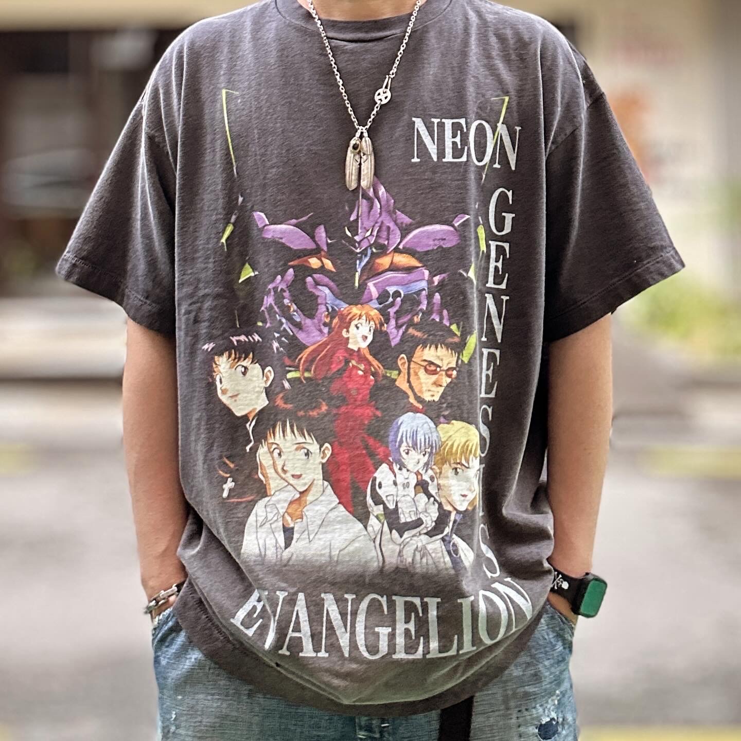 Saint Mxxxxxx x Evangelion Neon S/S T-Shirt Black, Saint Mxxxxxx Painter Denim Pants Blue - 24SS 착용 스타일 - 2