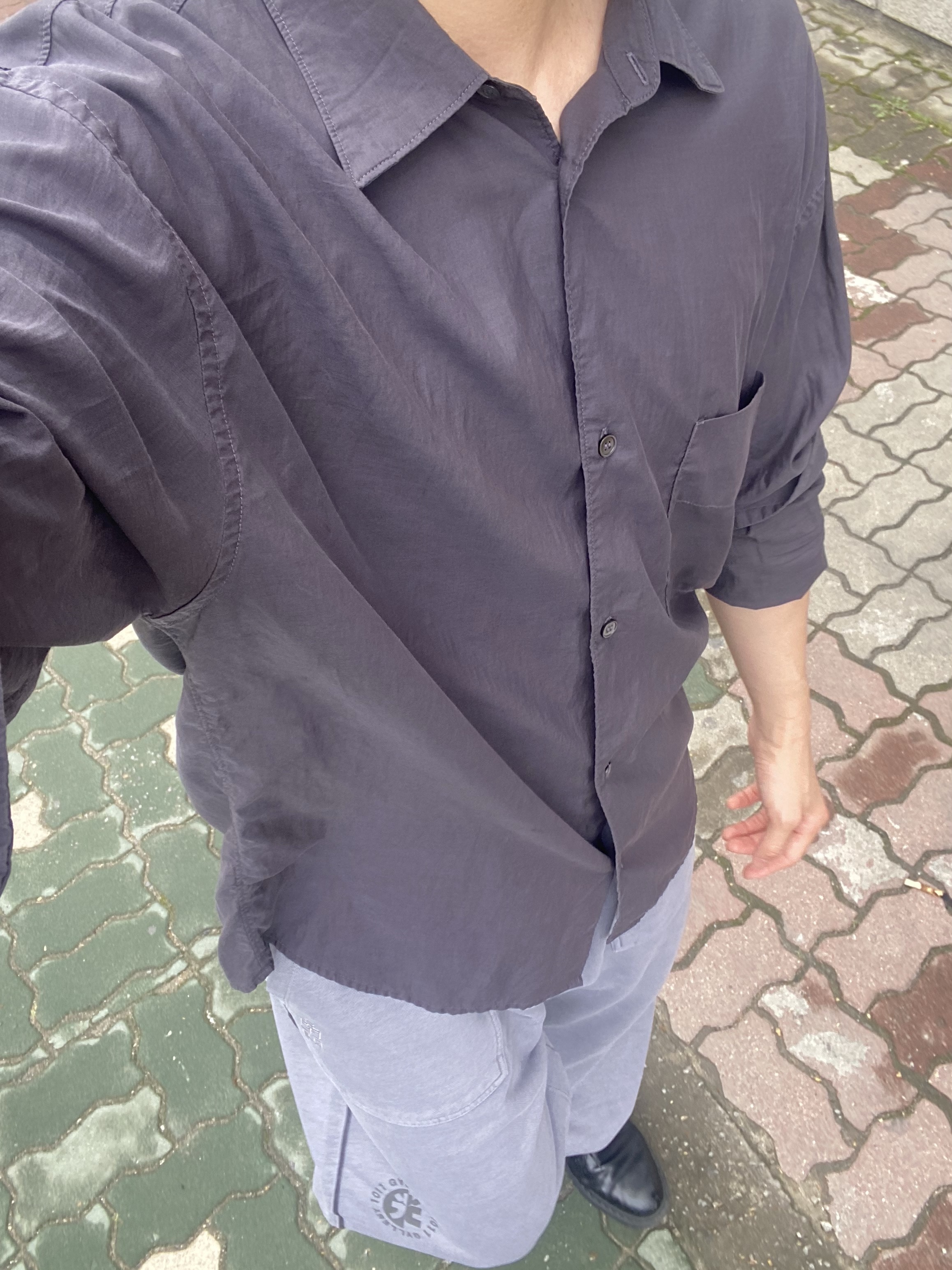 Polyteru Tenco Loosed Shirt 2.0 Dyed Purple Gray, Polyteru 1011 Fatigue Sweatpants 1.2v Dirty Gray 착용 스타일 - 2