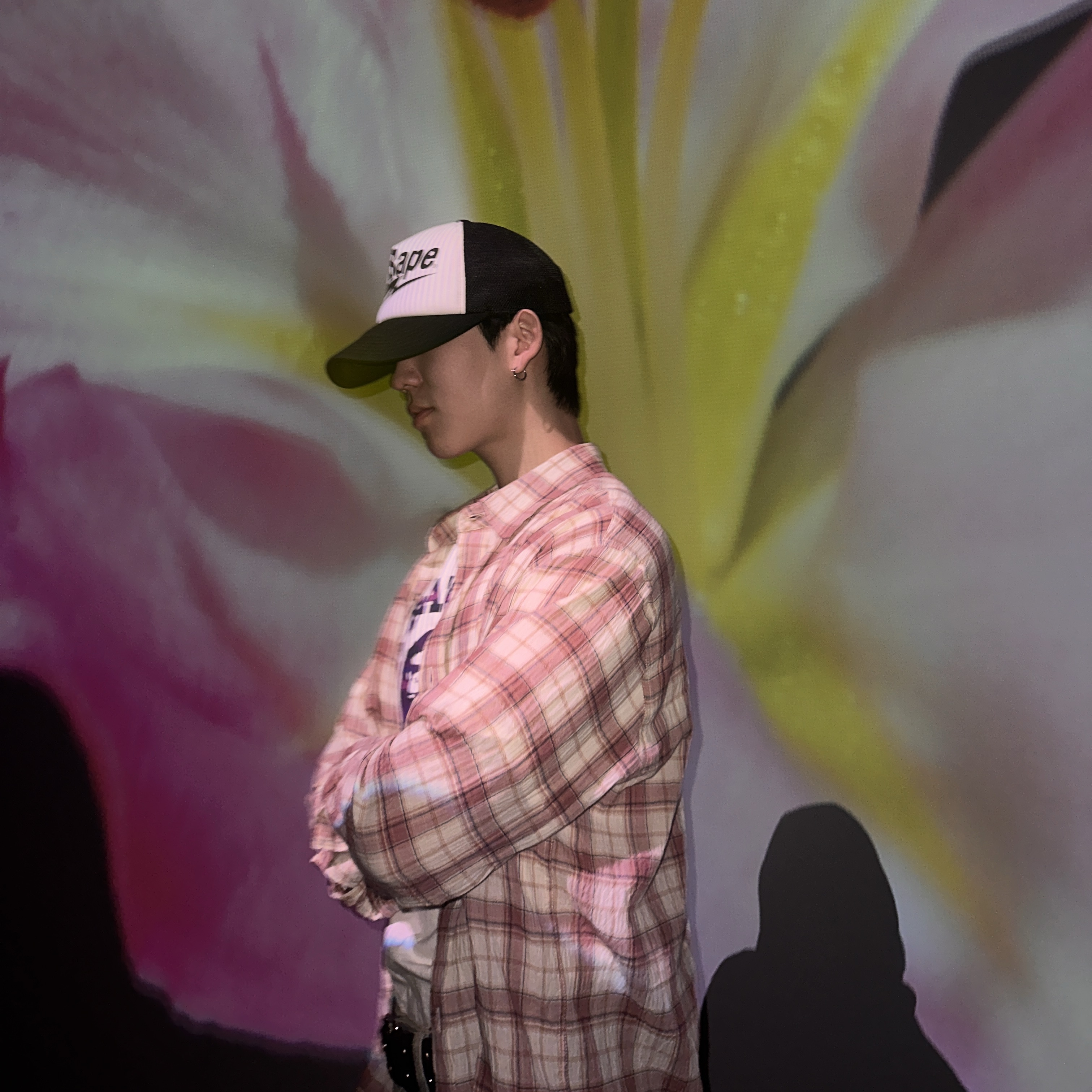 BAPE Sta Mesh Cap Black, BAPE Color Camo College T-Shirt White Purple 착용 스타일 - 4