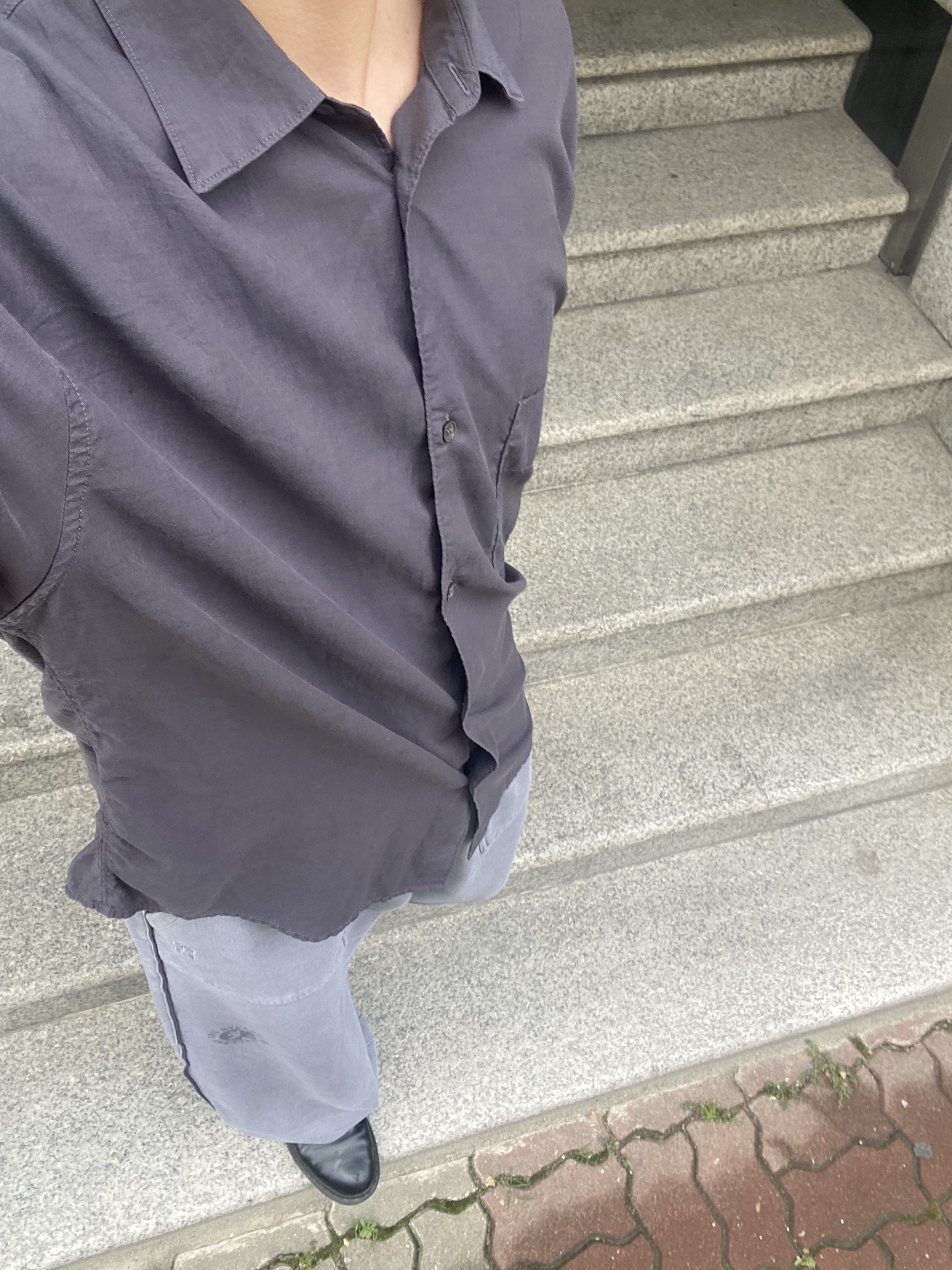 Polyteru Tenco Loosed Shirt 2.0 Dyed Purple Gray, Polyteru 1011 Fatigue Sweatpants 1.2v Dirty Gray 착용 스타일 - 3