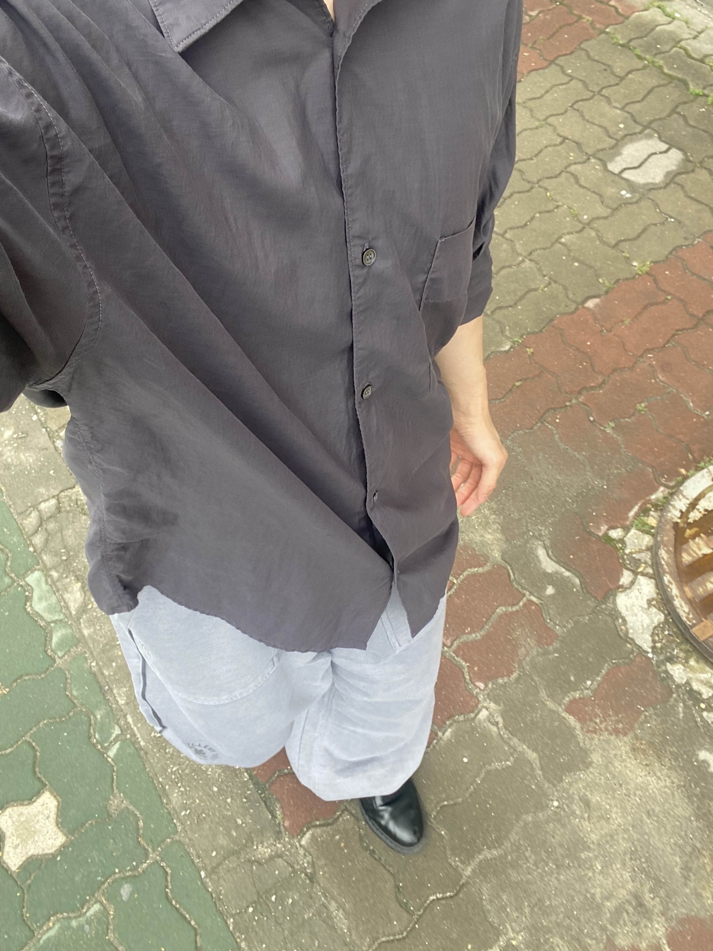 Polyteru Tenco Loosed Shirt 2.0 Dyed Purple Gray, Polyteru 1011 Fatigue Sweatpants 1.2v Dirty Gray 착용 스타일 - 1