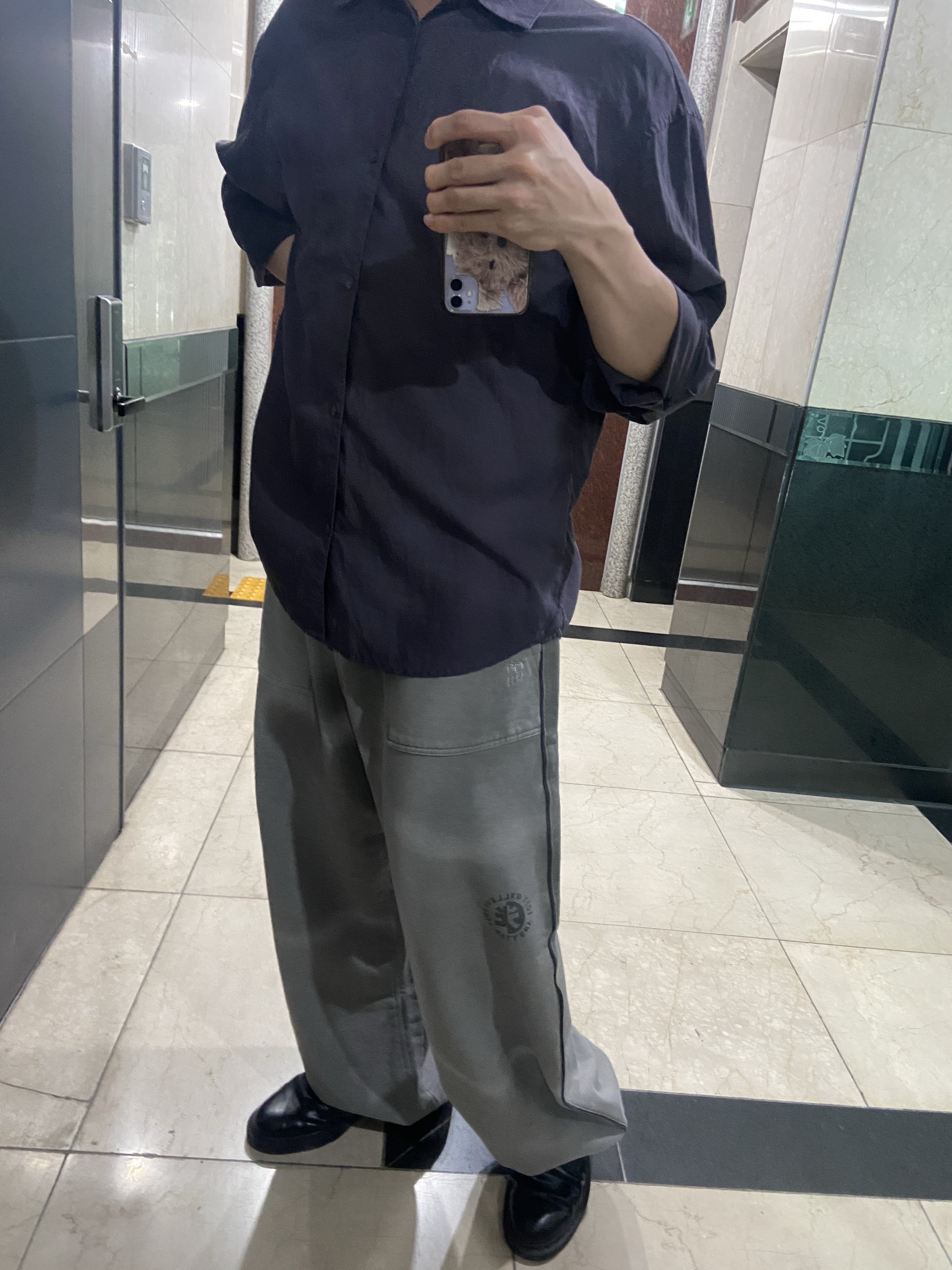 Polyteru Tenco Loosed Shirt 2.0 Dyed Purple Gray, Polyteru 1011 Fatigue Sweatpants 1.2v Dirty Gray 착용 스타일 - 5