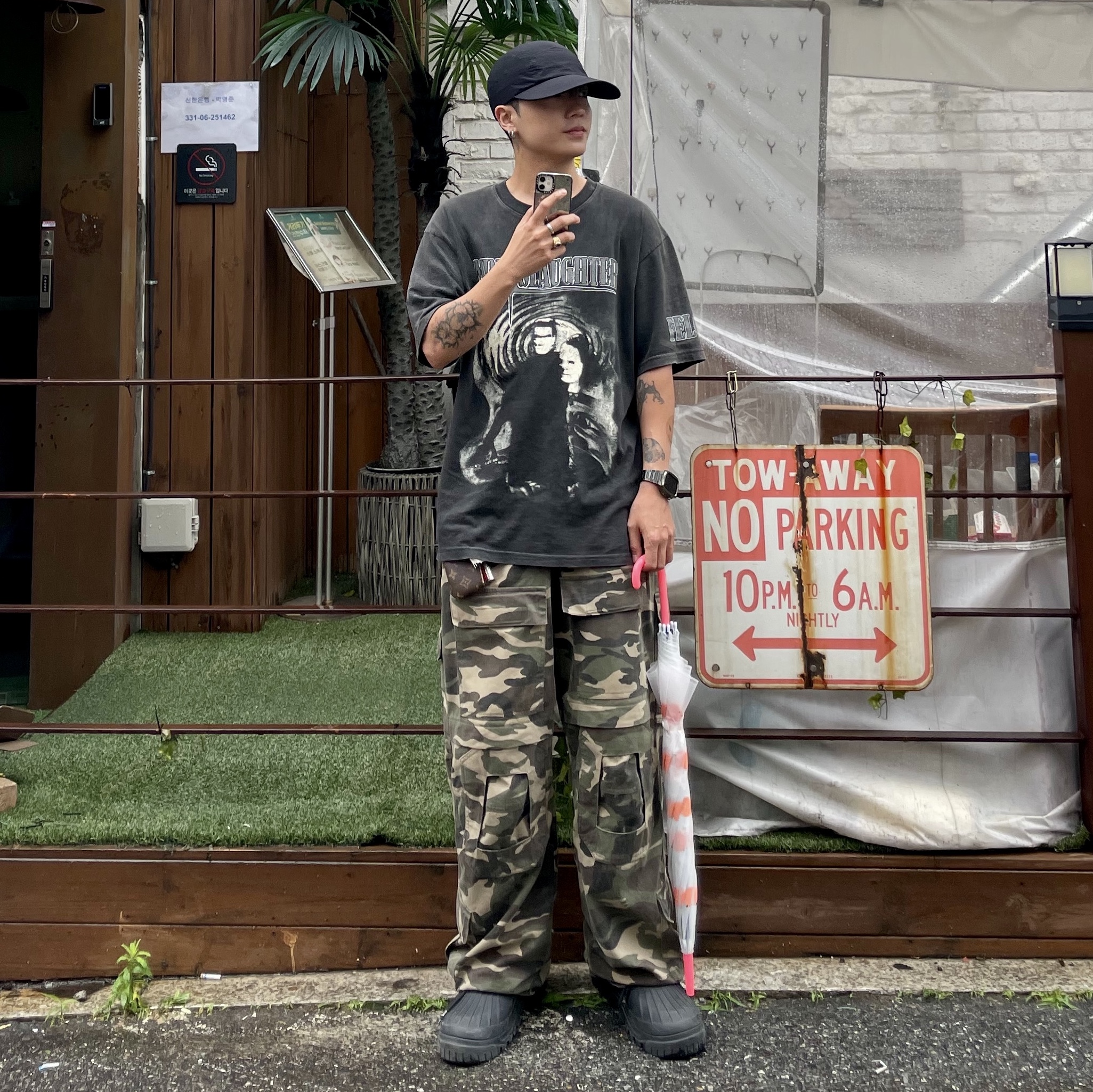Project G/R Tactical Cargo Pants Camo, Project G/R Mind Slaughter Vintage Washeed T-Shirt Black 착용 스타일