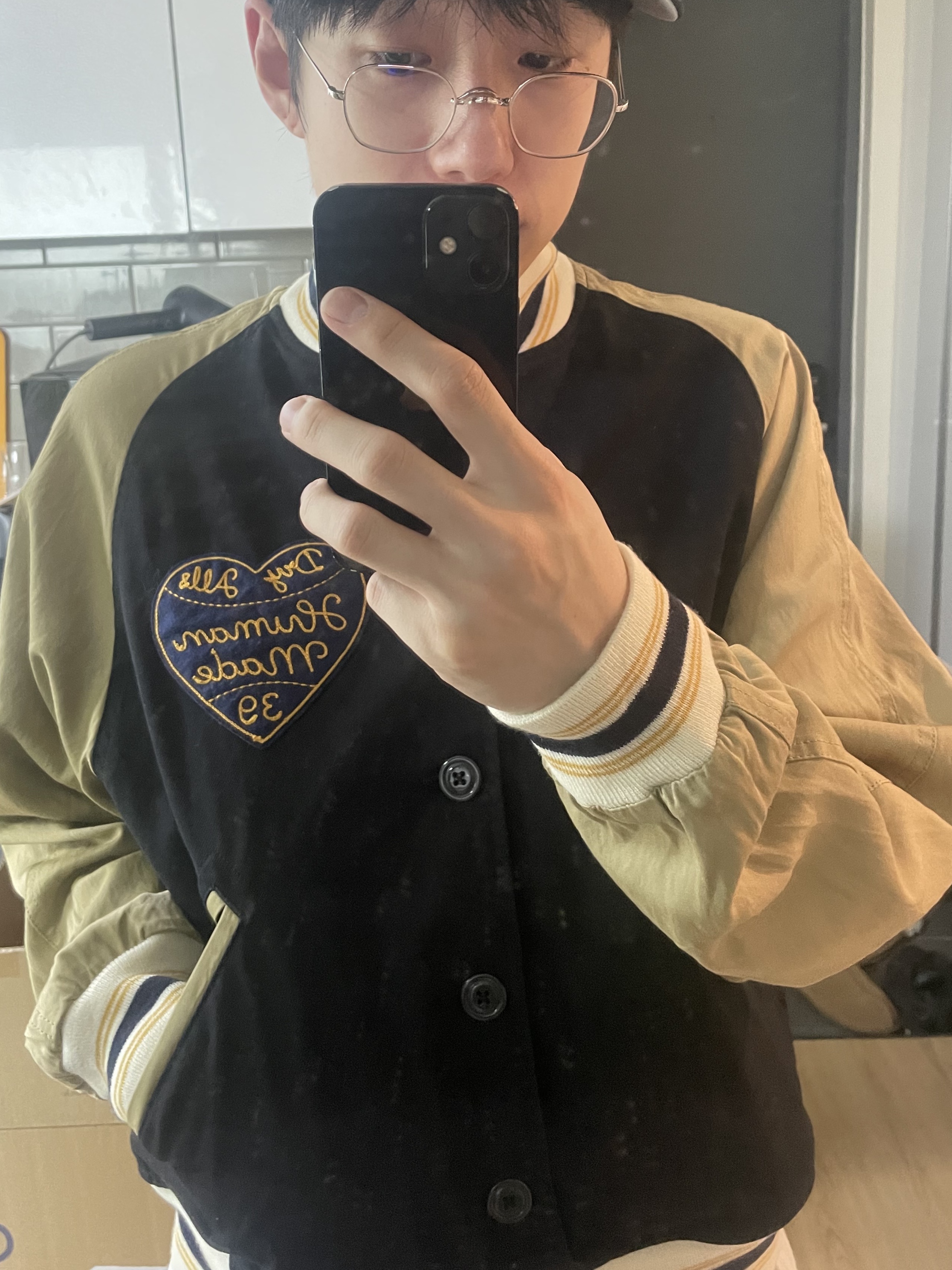 Dr. Martens Smiths Micro Leopard, Human Made Baseball Jacket Navy 착용 스타일 - 2