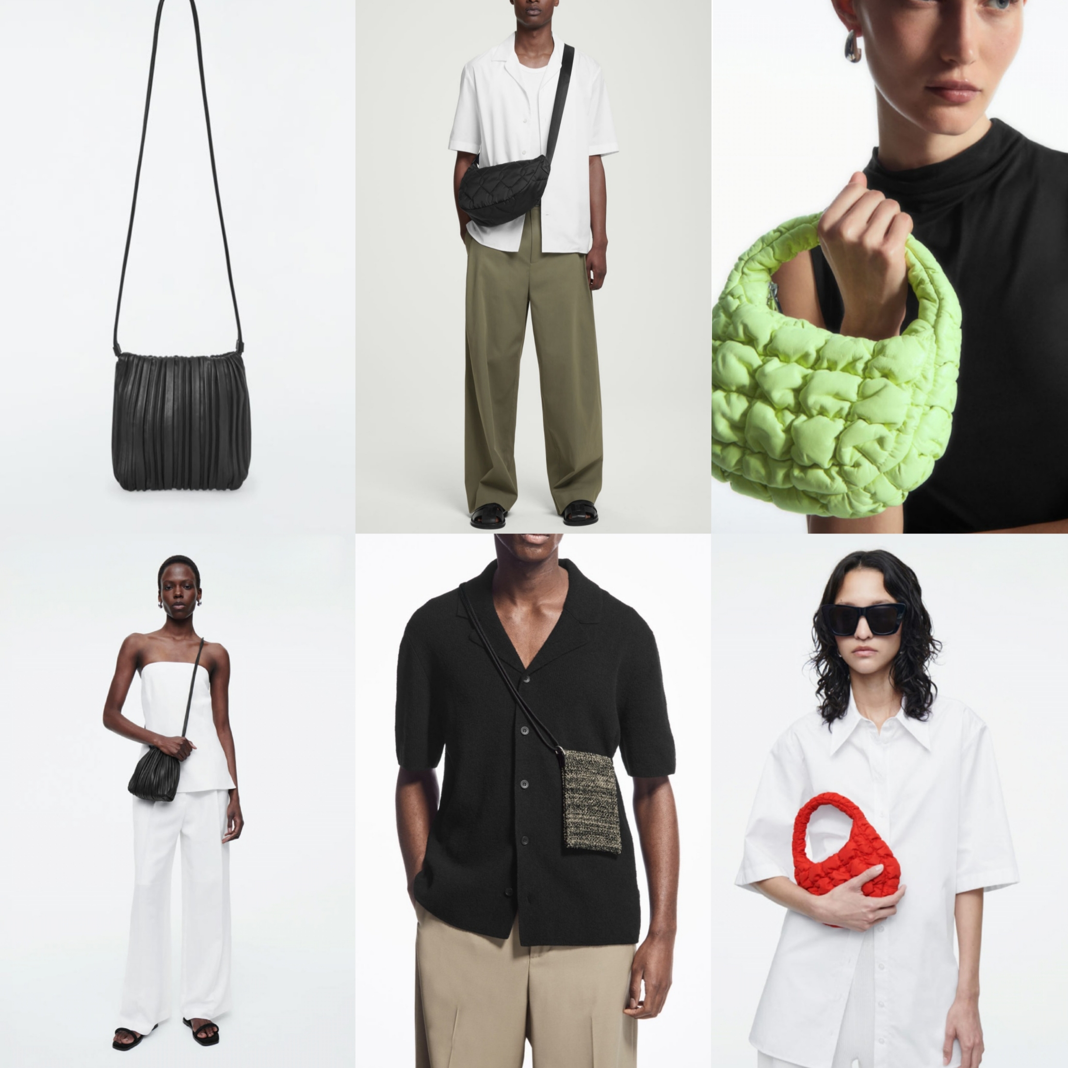 COS Leather Scallop Crossbody Bag Leather Black, COS Knitted Phone Pouch Black White 착용 스타일