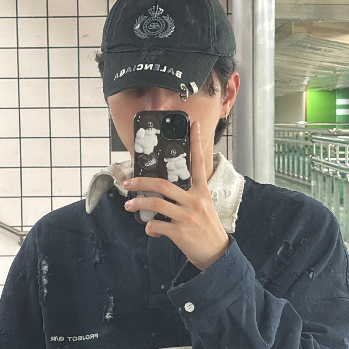 Project G/R Bullied Polo Shirts Navy 착용 스타일 - 3