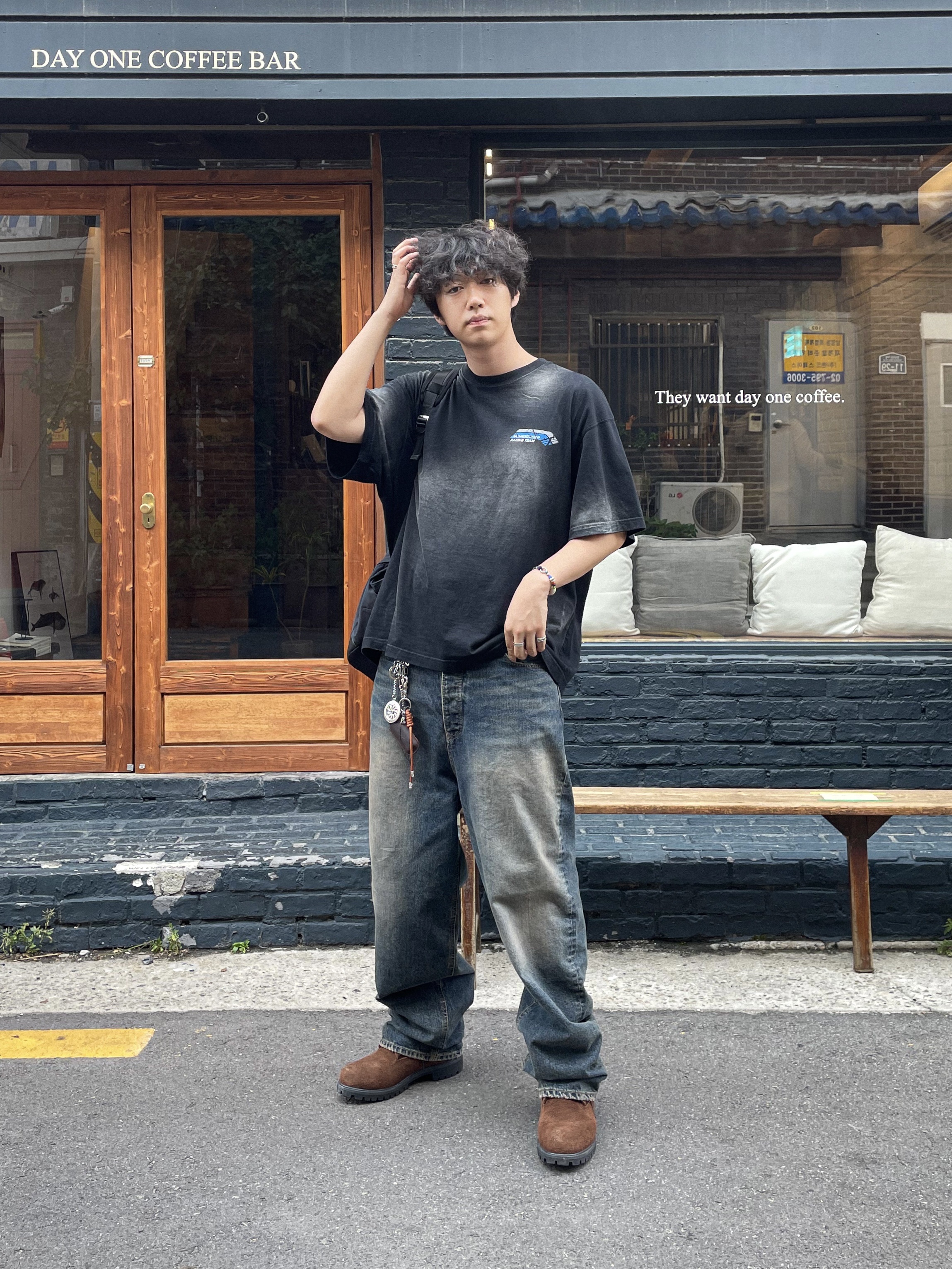 Undermycar Mu.26 Anti Fxxking Logo Play Brush Washed Wide Jeans Oil Blue, Timberland x Thisisneverthat 6 inch Boot Brown - Wide 착용 스타일