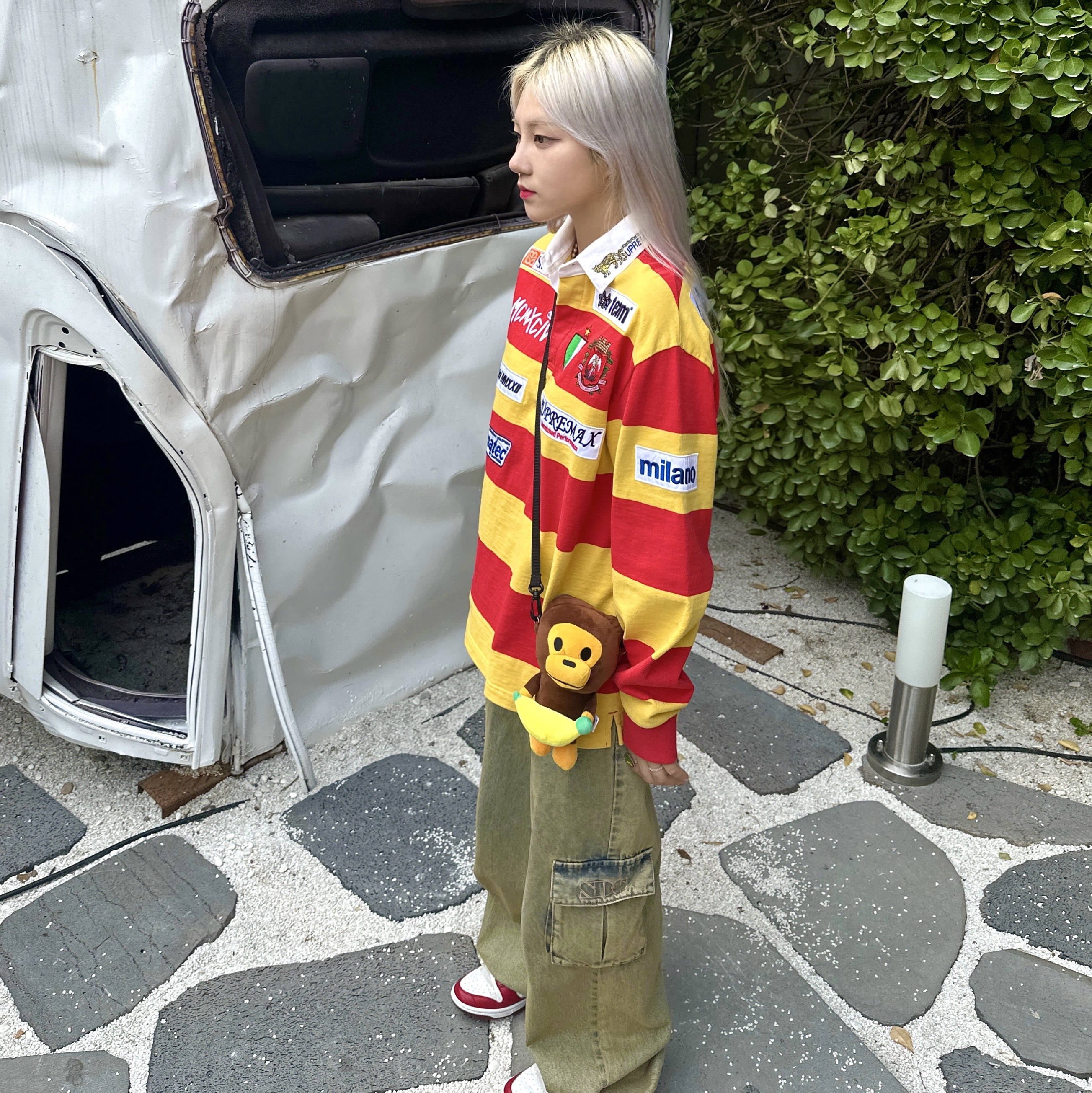 Supreme Stripe Rugby Red - 22SS 착용 스타일 - 4