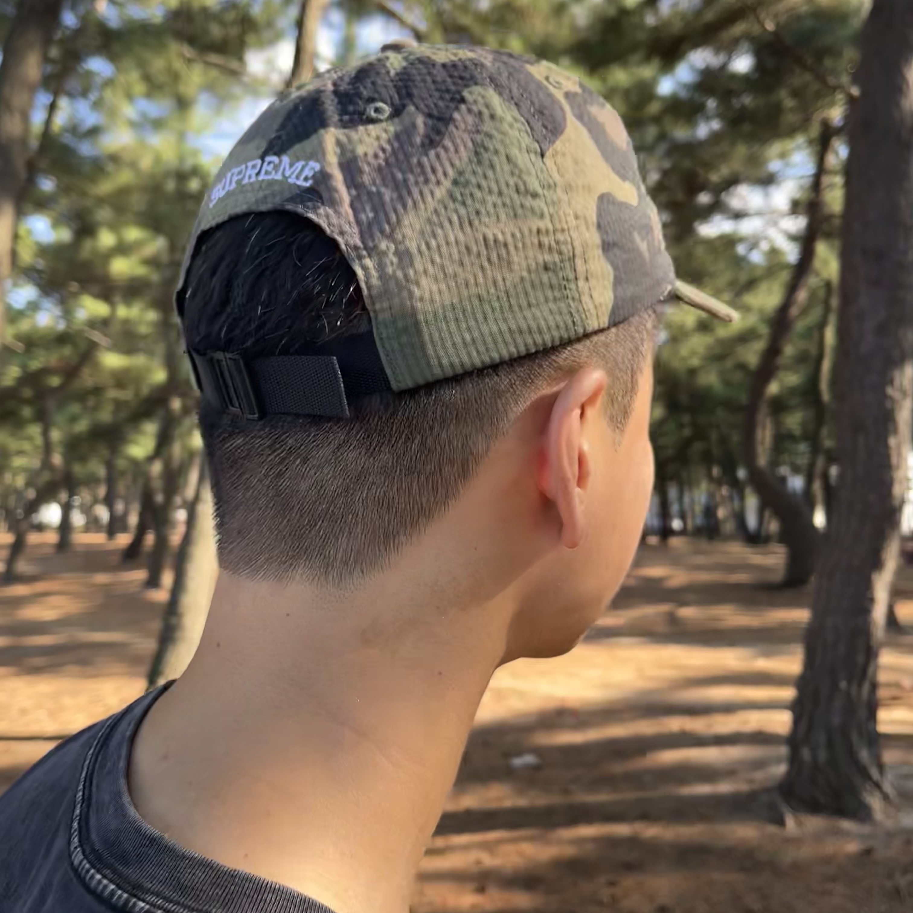 Supreme Seersucker S Logo 6-Panel Woodland Camo - 24SS 착용 스타일