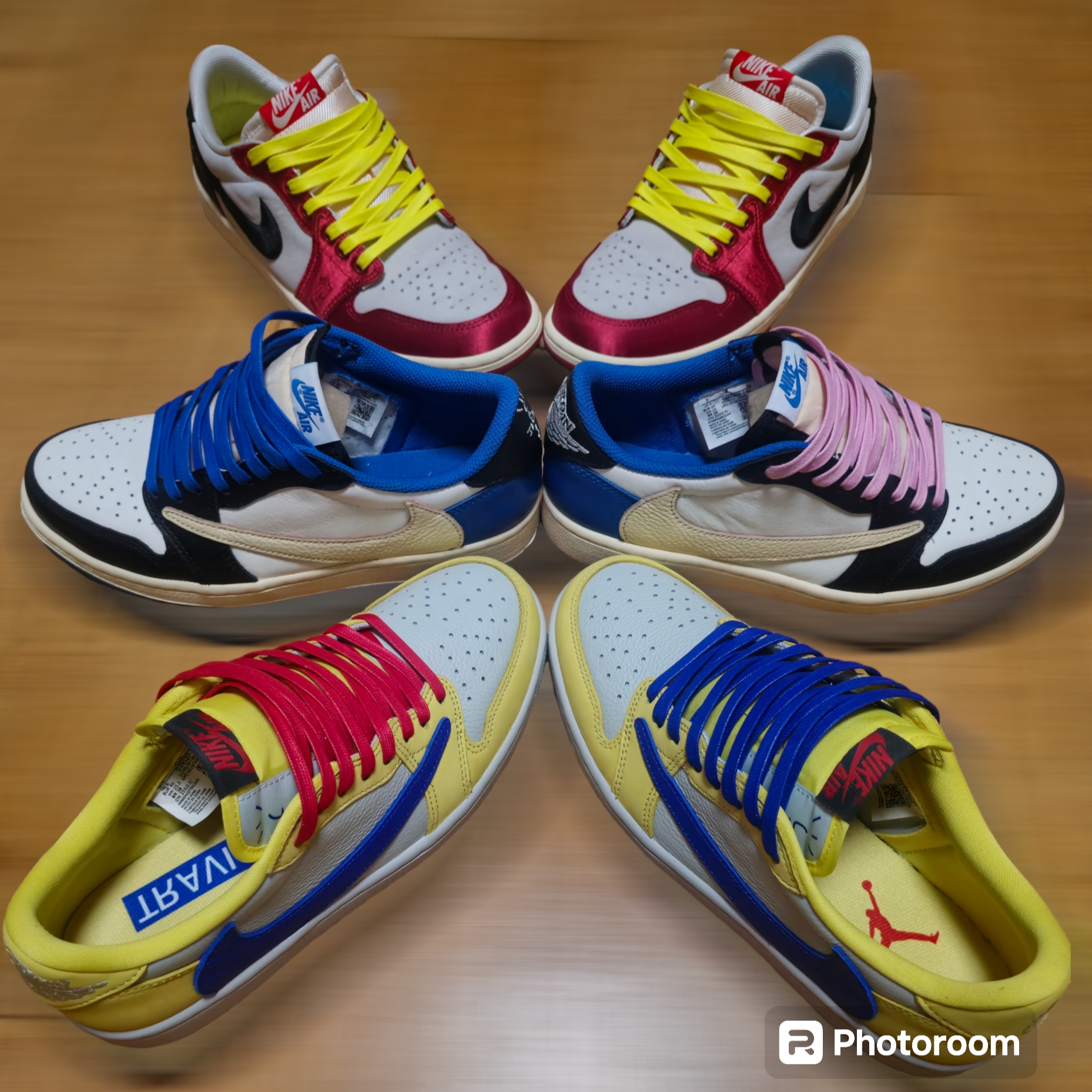 (W) Jordan 1 x Travis Scott Retro Low OG SP Canary, Jordan 1 x Travis Scott x Fragment Retro Low OG SP Military Blue 착용 스타일