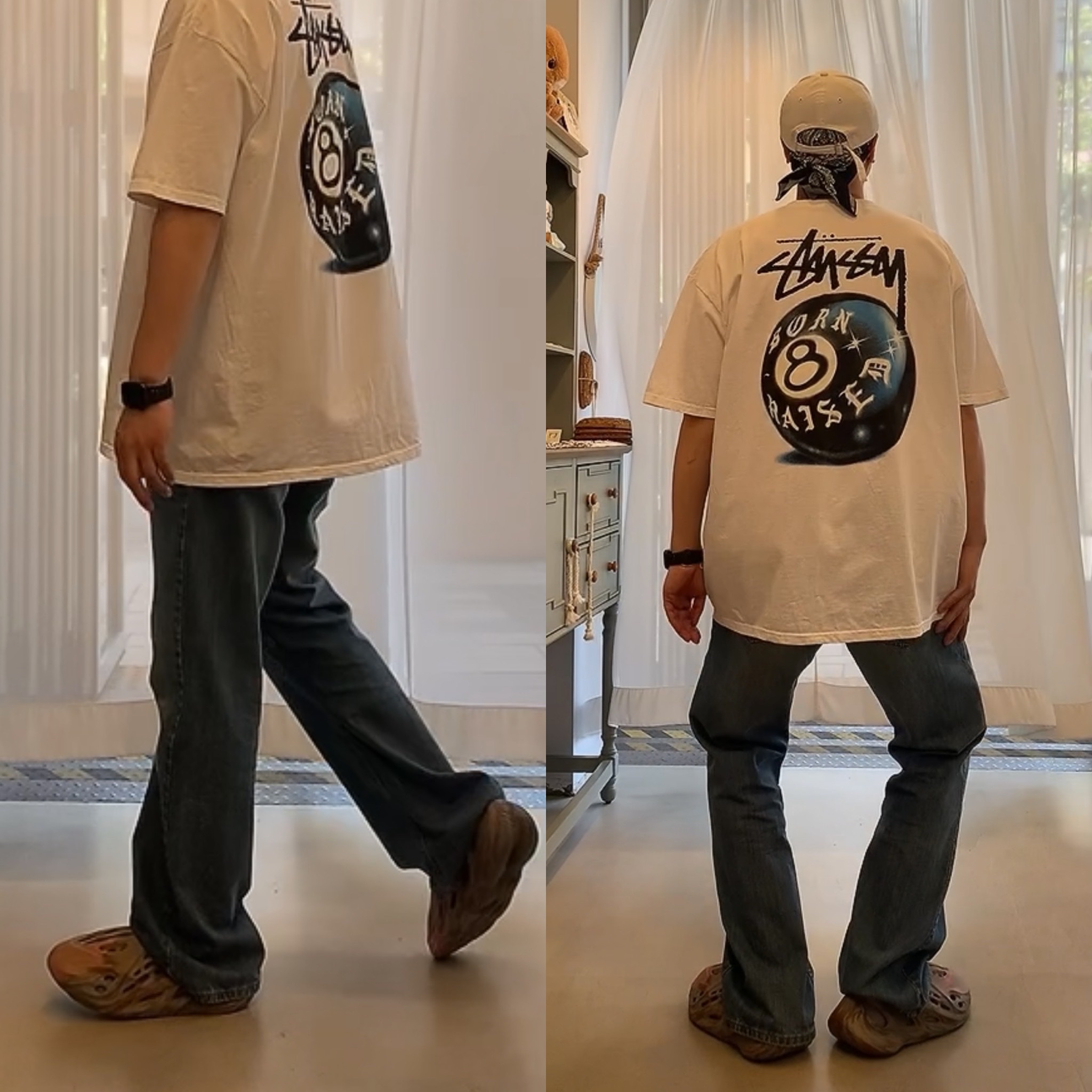 Stussy x Born X Raised 8 Ball T-Shirt White, Adidas Yeezy Foam RNNR MX Sand Grey 착용 스타일 - 2