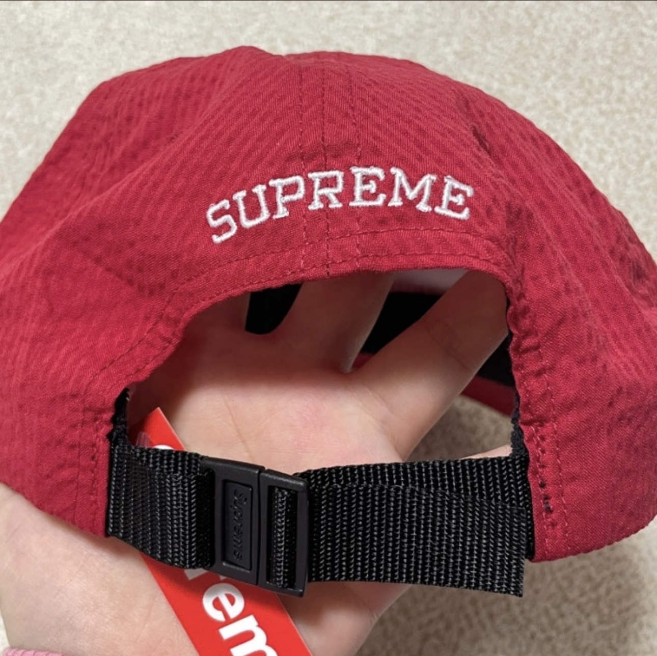 Supreme Seersucker S Logo 6-Panel Red - 24SS 착용 스타일 - 2