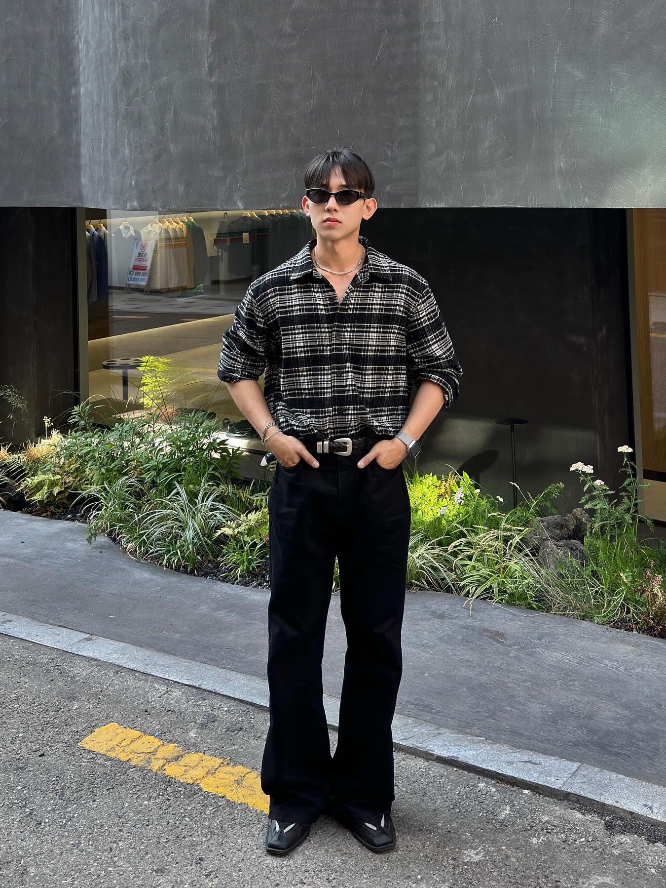 STU Check Shirt Black 착용 스타일 - 4