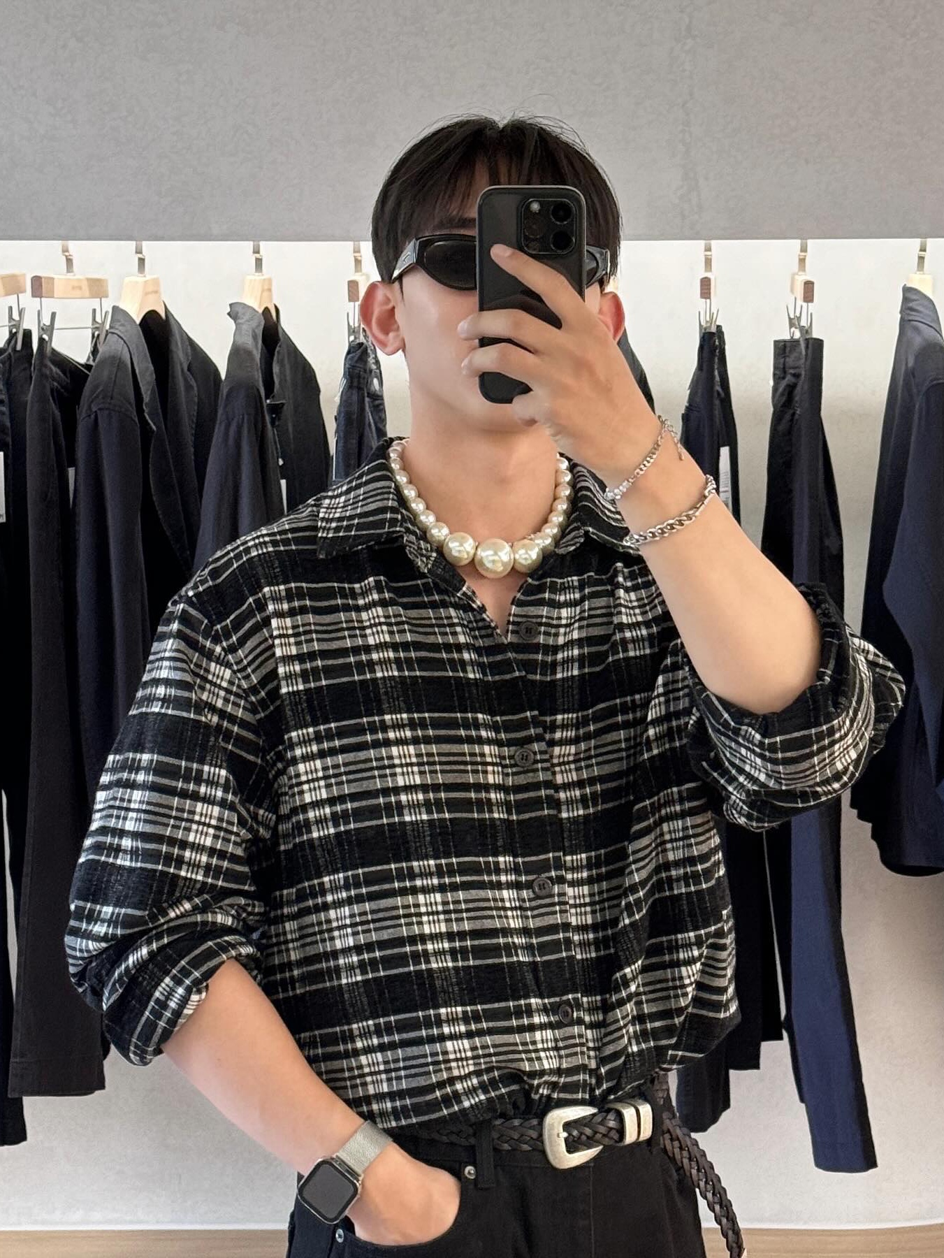 STU Check Shirt Black 착용 스타일 - 2