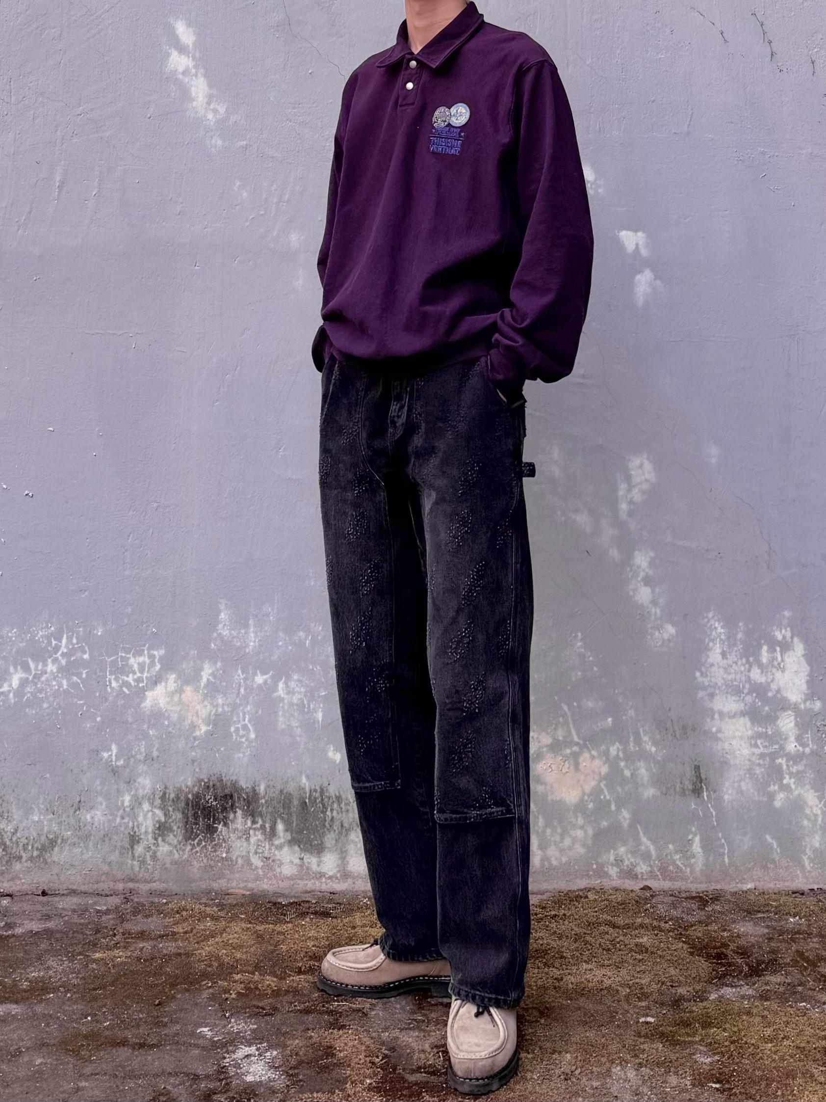 Thisisneverthat x Felix the Cat Collar Sweatshirt Maroon, Thisisneverthat x Grateful Dead Lightning Denim Carpenter Pant Black 착용 스타일