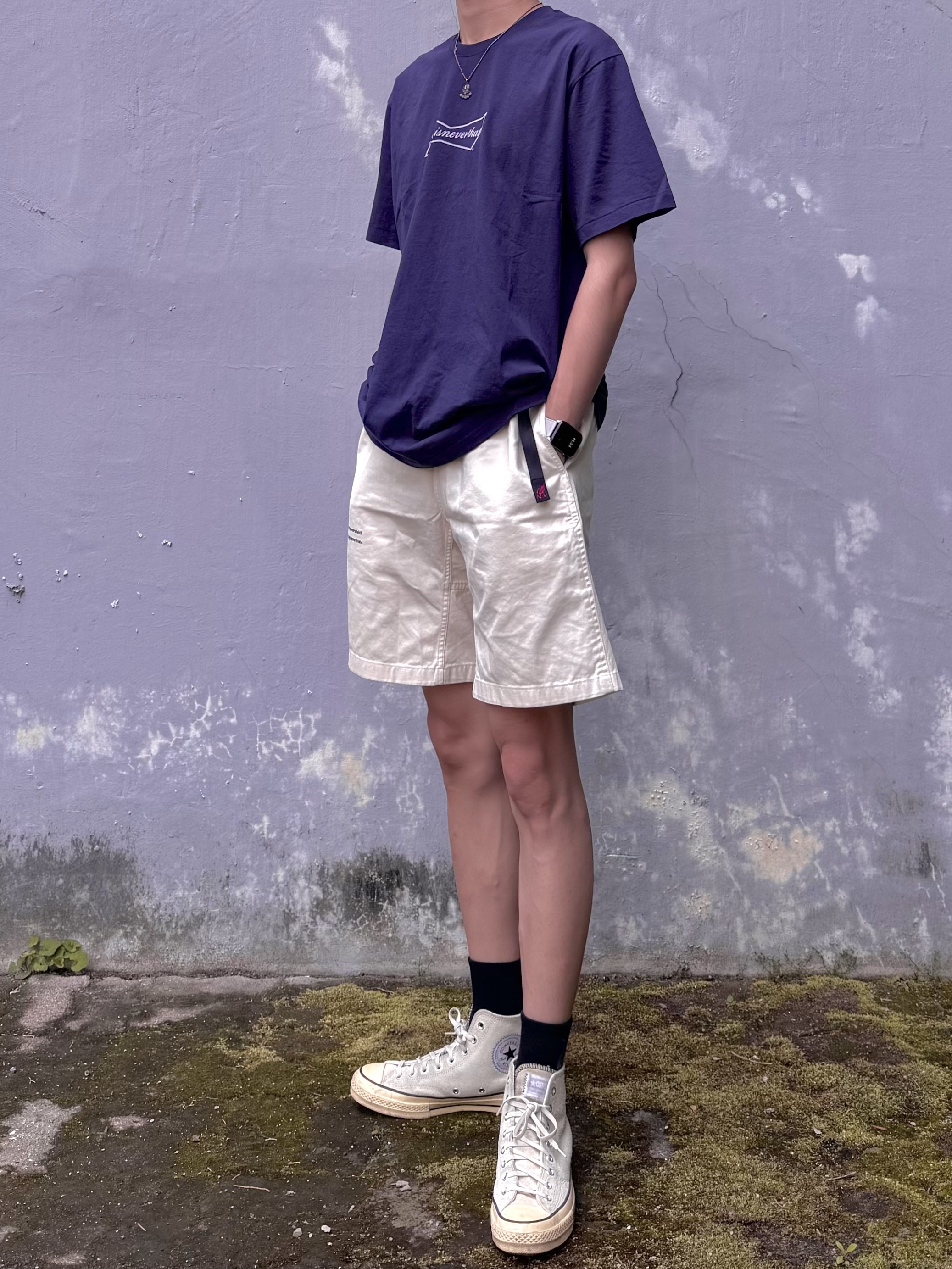Thisisneverthat x Budweiser Amp Logo T-Shirt Navy, Thisisneverthat x Grateful Dead SYF Necklace Silver 착용 스타일