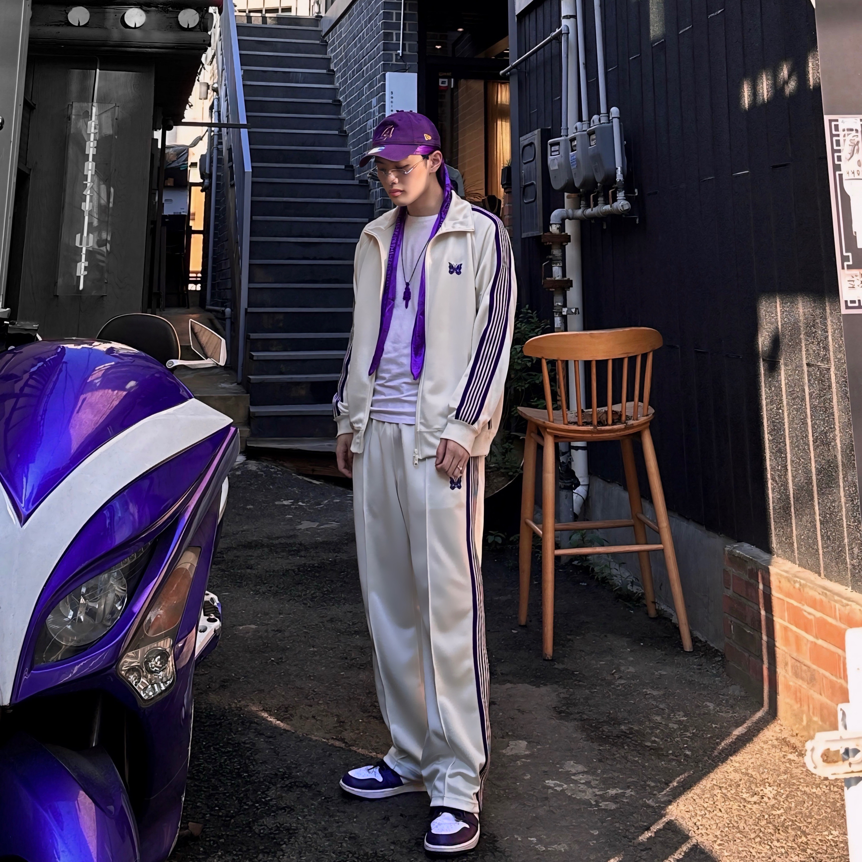 Chrome Hearts Silichrome Dagger Pendant Purple 2023, Needles Track Jacket Poly Smooth Ice White 착용 스타일 - 1