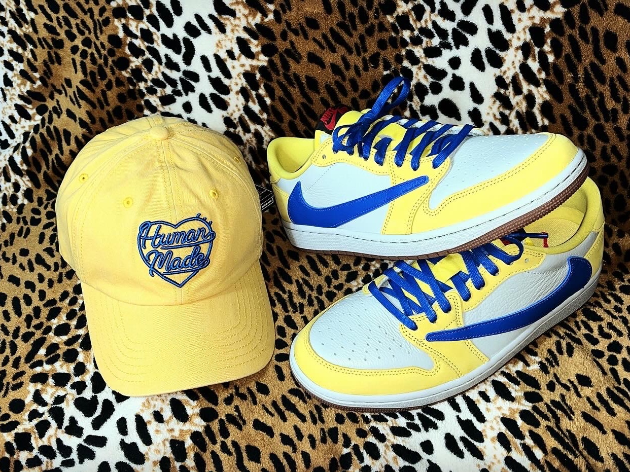 Human Made 6 Panel Cap #1 Yellow, (W) Jordan 1 x Travis Scott Retro Low OG SP Canary 착용 스타일