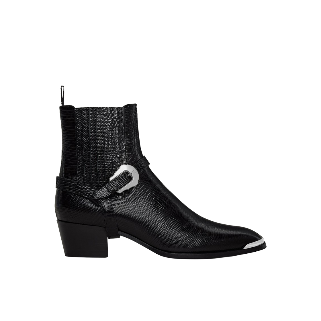356903963C-38NO Celine Western Chelsea Isaac Boot with Harness and Metal Toe in Tejus Stamped Calfskin Black