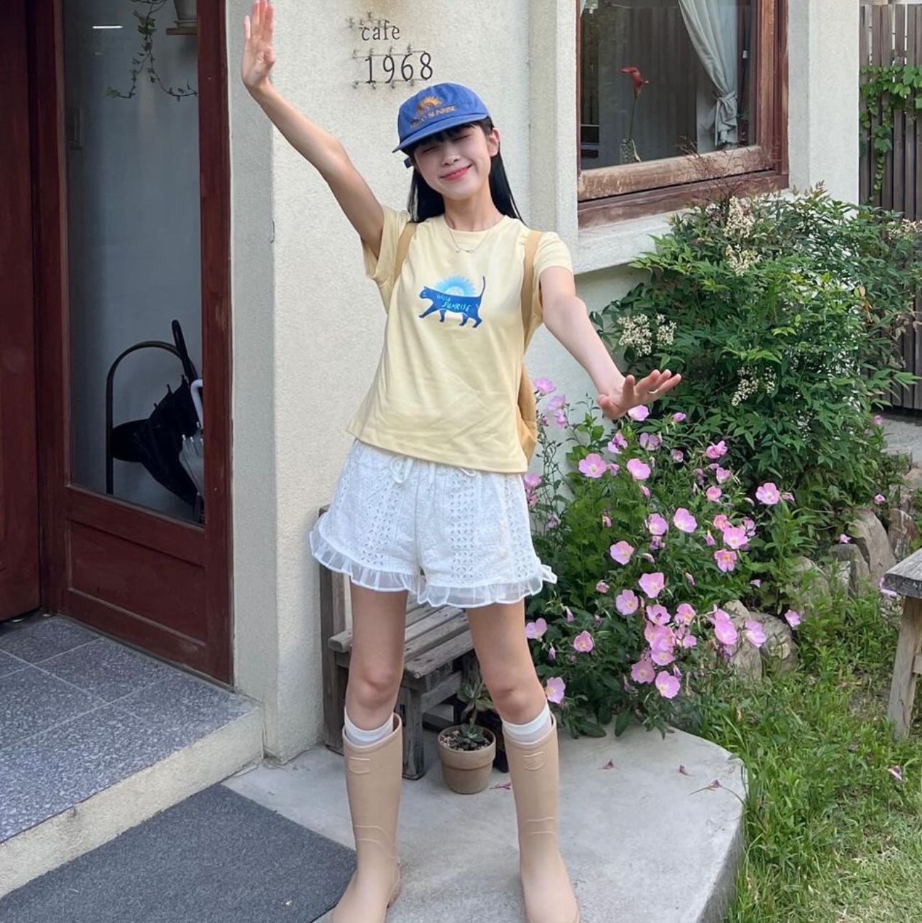 Hello Sunrise Washed OG Logo 6panel Cap Ocean Blue, Hello Sunrise Washed OG Logo Ball Cap Camel Brown 착용 스타일