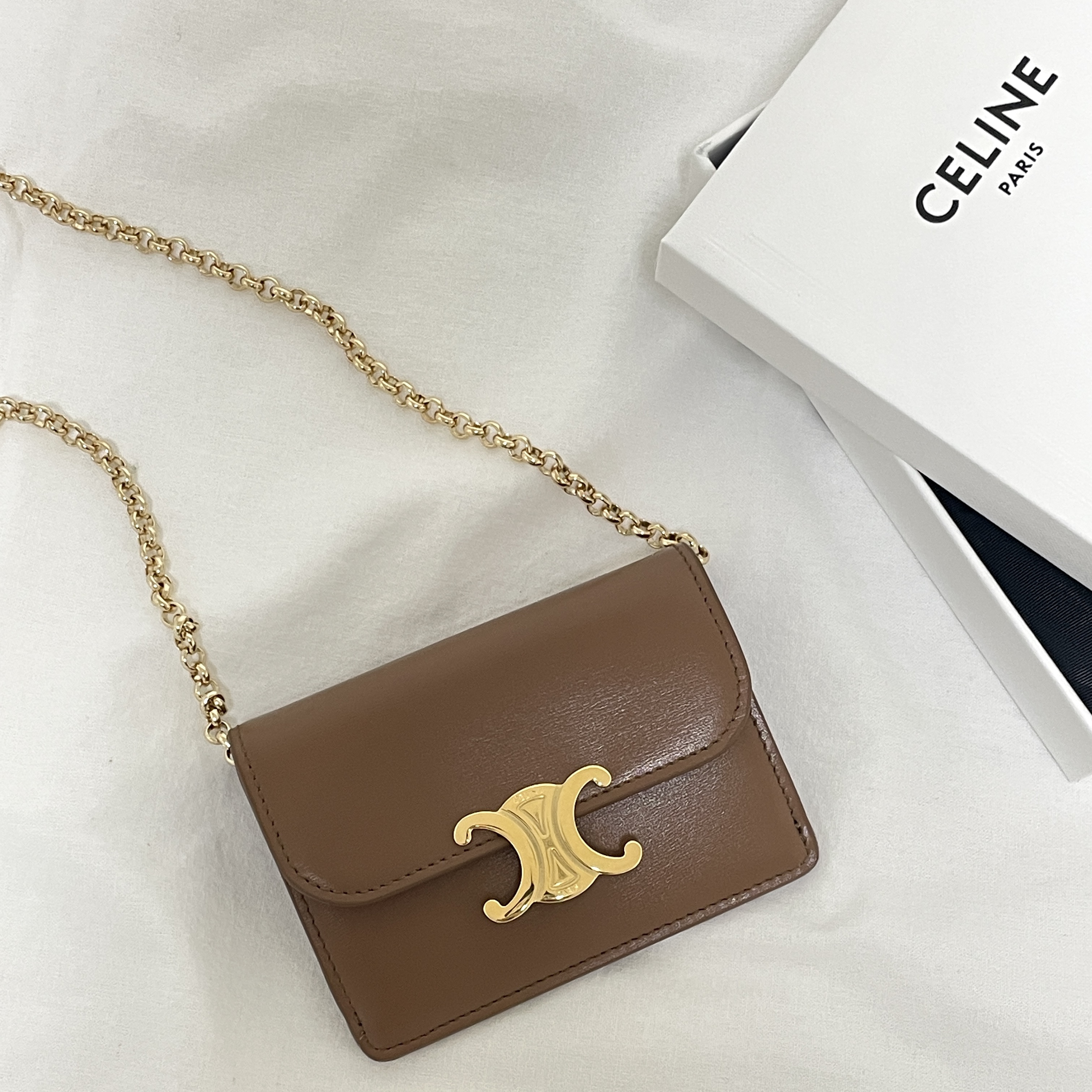 Celine Card Holder with Flap in Shiny Calfskin Bronze 착용 스타일 - 2