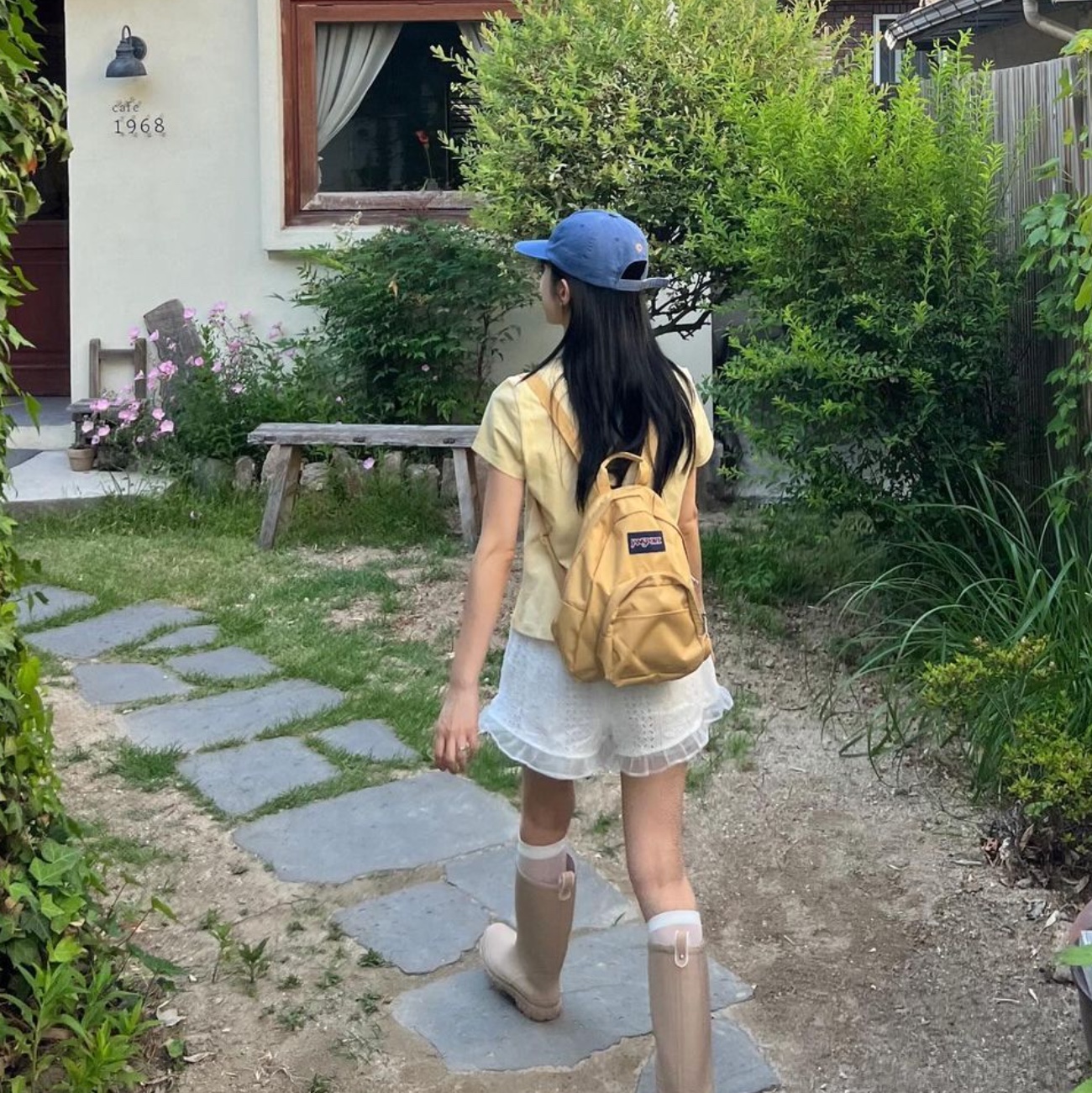 Hello Sunrise Washed OG Logo 6panel Cap Ocean Blue, Hello Sunrise Washed OG Logo Ball Cap Camel Brown 착용 스타일