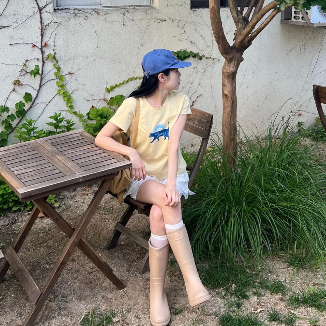 Hello Sunrise Washed OG Logo 6panel Cap Ocean Blue, Hello Sunrise Washed OG Logo Ball Cap Camel Brown 착용 스타일