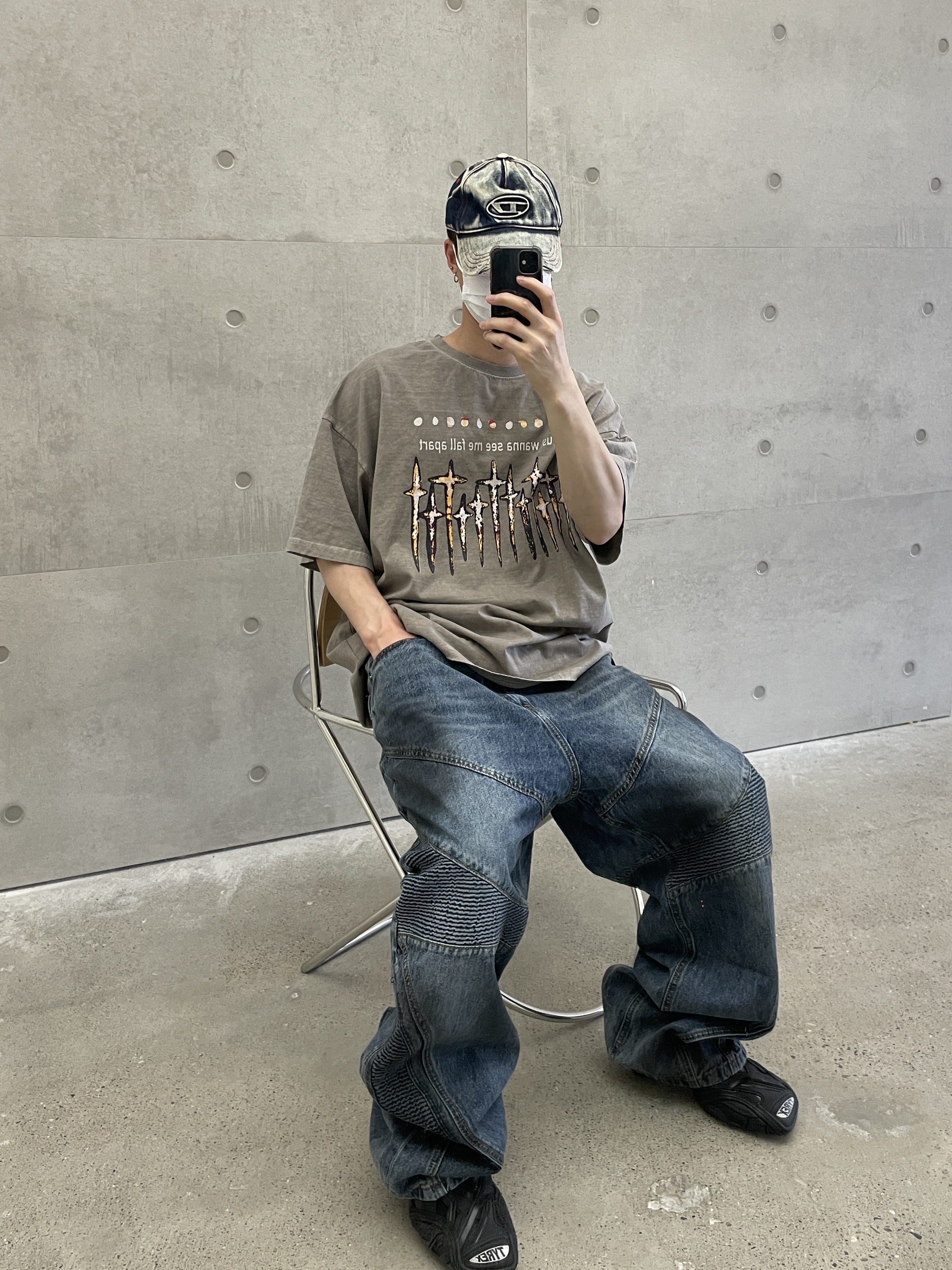 Diesel C-Seymon Treated Denim Baseball Cap Blue White, (W) Balenciaga Tyrex Sneakers Black 착용 스타일