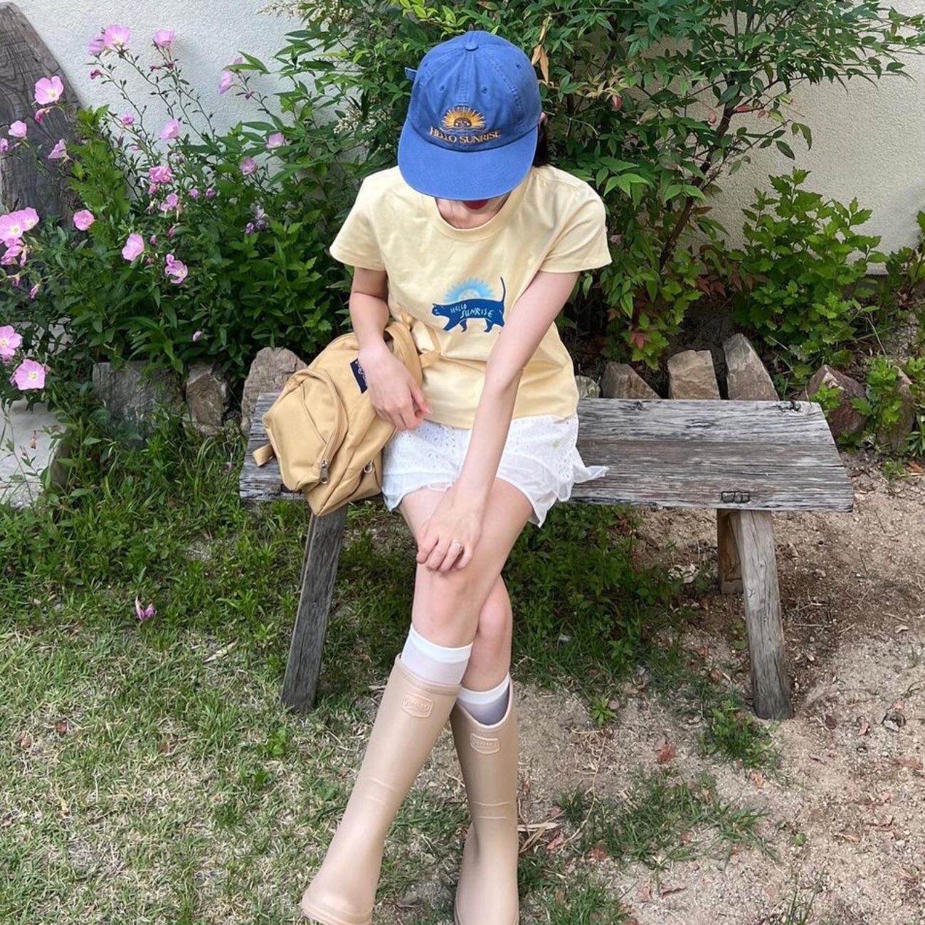 Hello Sunrise Washed OG Logo 6panel Cap Ocean Blue, Hello Sunrise Washed OG Logo Ball Cap Camel Brown 착용 스타일