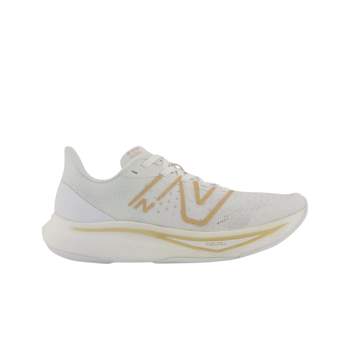 (W) 뉴발란스 퓨어셀 레벨 v3 화이트 골드 메탈릭 - D 와이드((W) New Balance Fuelcell Rebel v3 White Gold Metallic - D Wide) - 1
