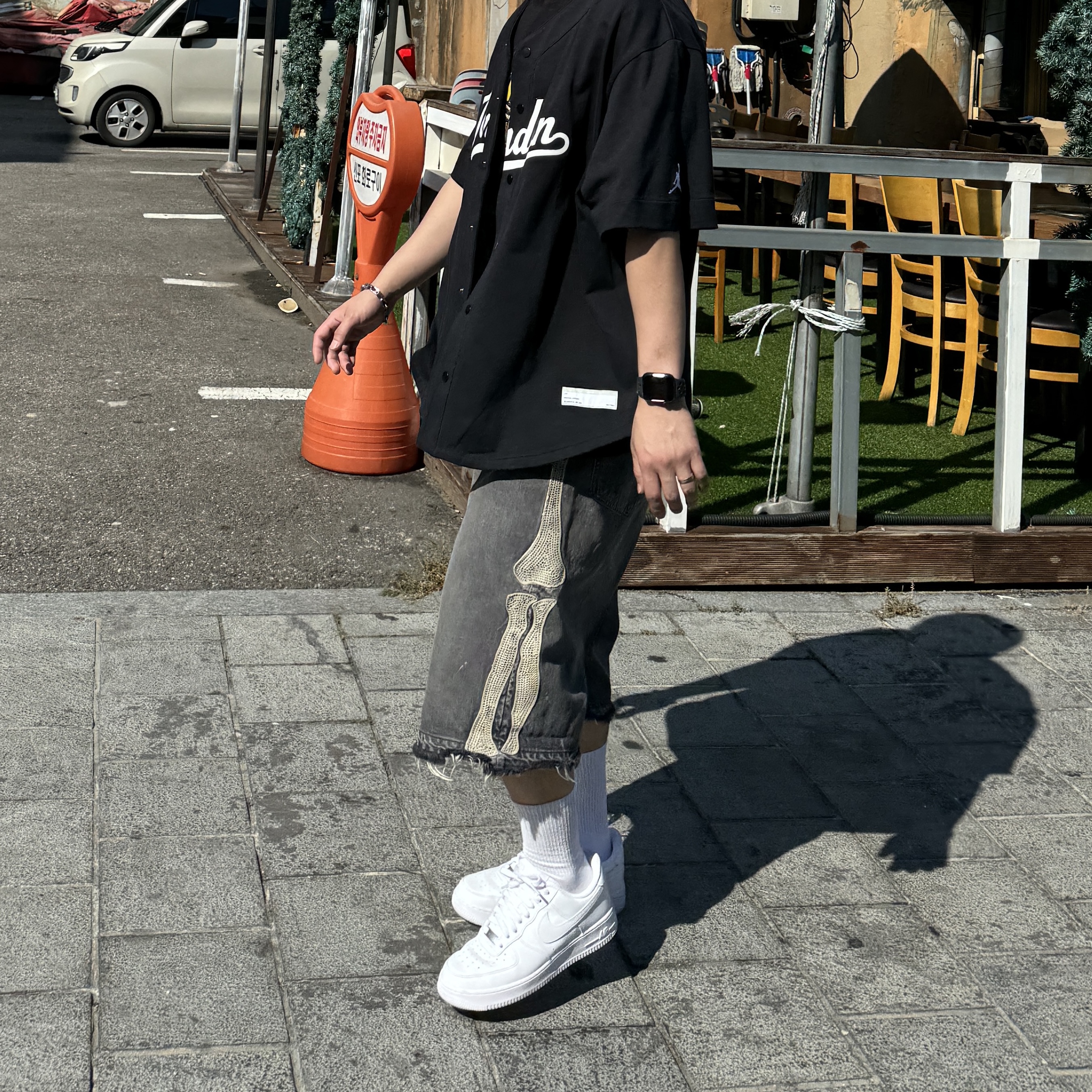 Kapital 14 oz. Denim 5P Bone Embroidery Short Pants Black, Nike Air Force 1 '07 Low White 착용 스타일 - 2