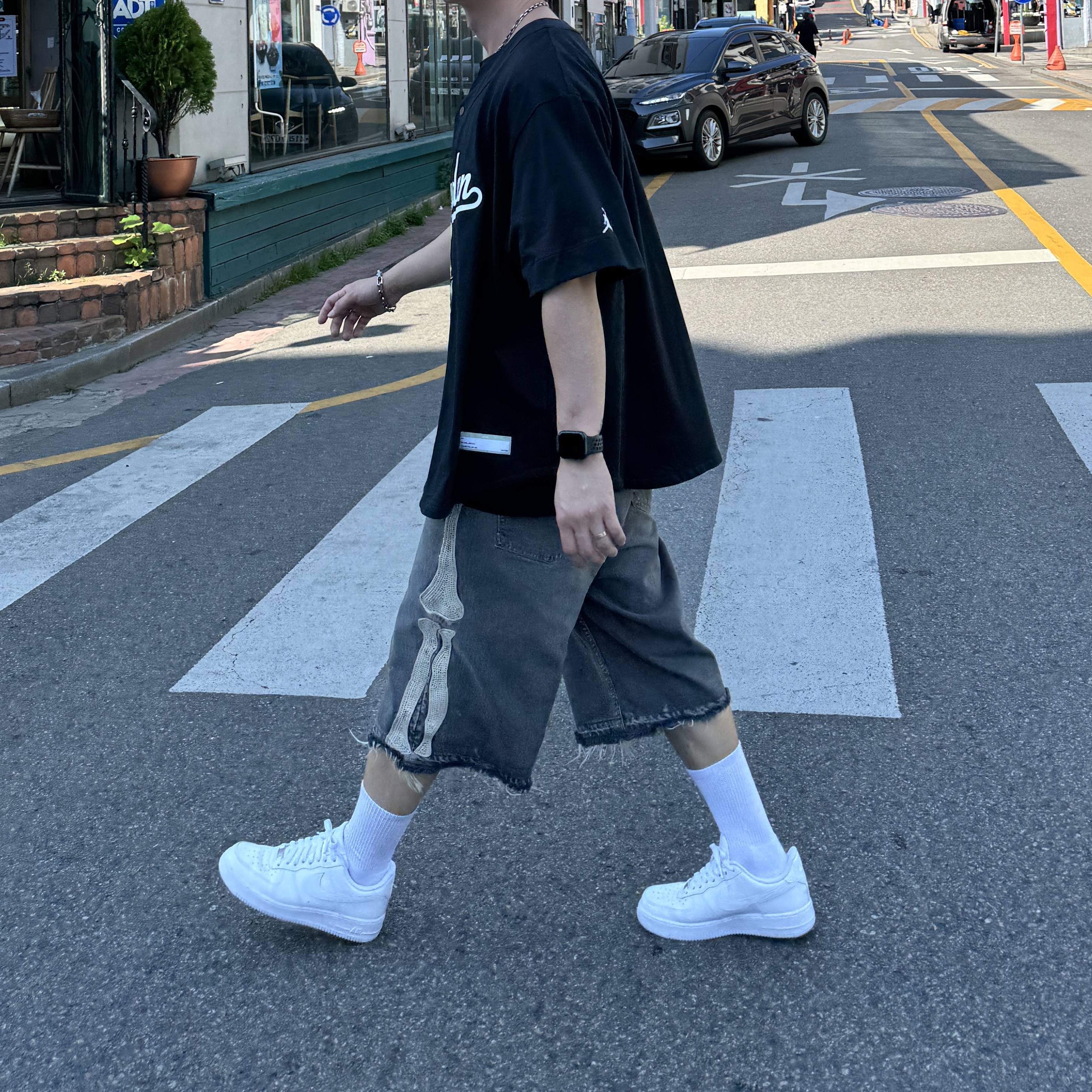 Kapital 14 oz. Denim 5P Bone Embroidery Short Pants Black, Nike Air Force 1 '07 Low White 착용 스타일 - 1