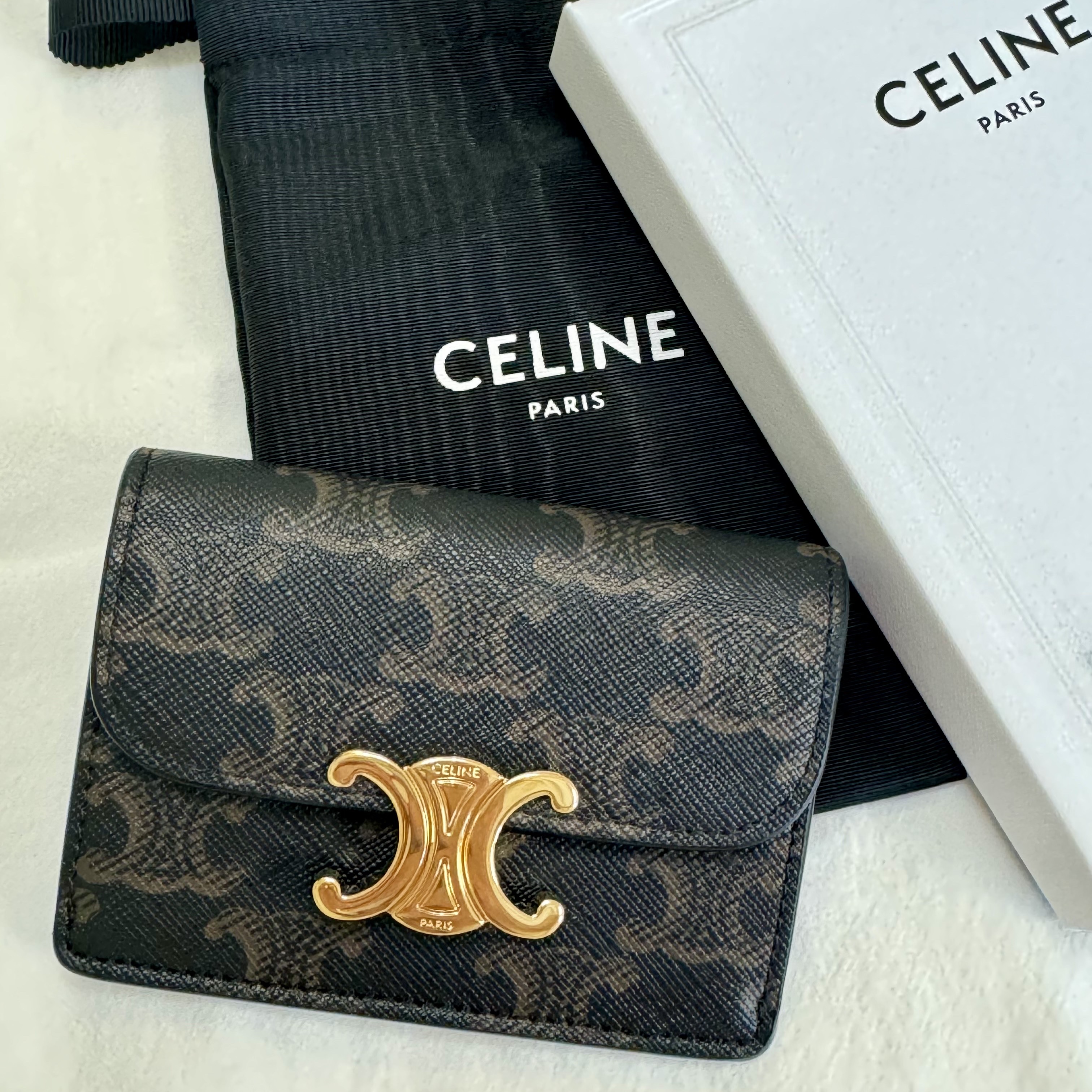 Celine Card Holder with Flap in Triomphe Canvas Tan 착용 스타일