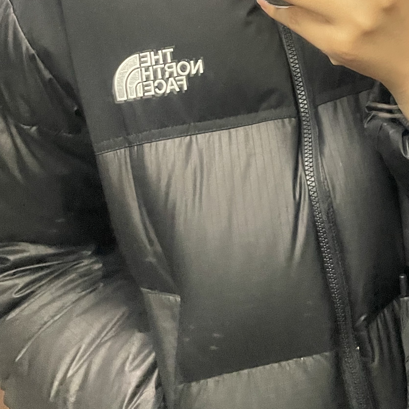 (W) The North Face White Label Novelty Nuptse Down Jacket Black 착용 스타일