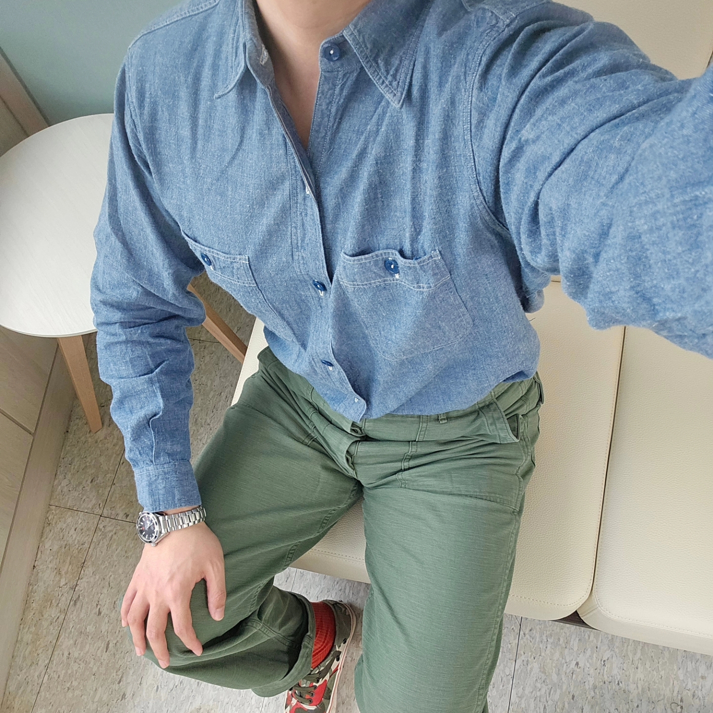 Vans Vault x Nigel Cabourn OG Authentic LX Army Green Camo, Orslow 5002 US Army Fatigue Pants Green 착용 스타일 - 3