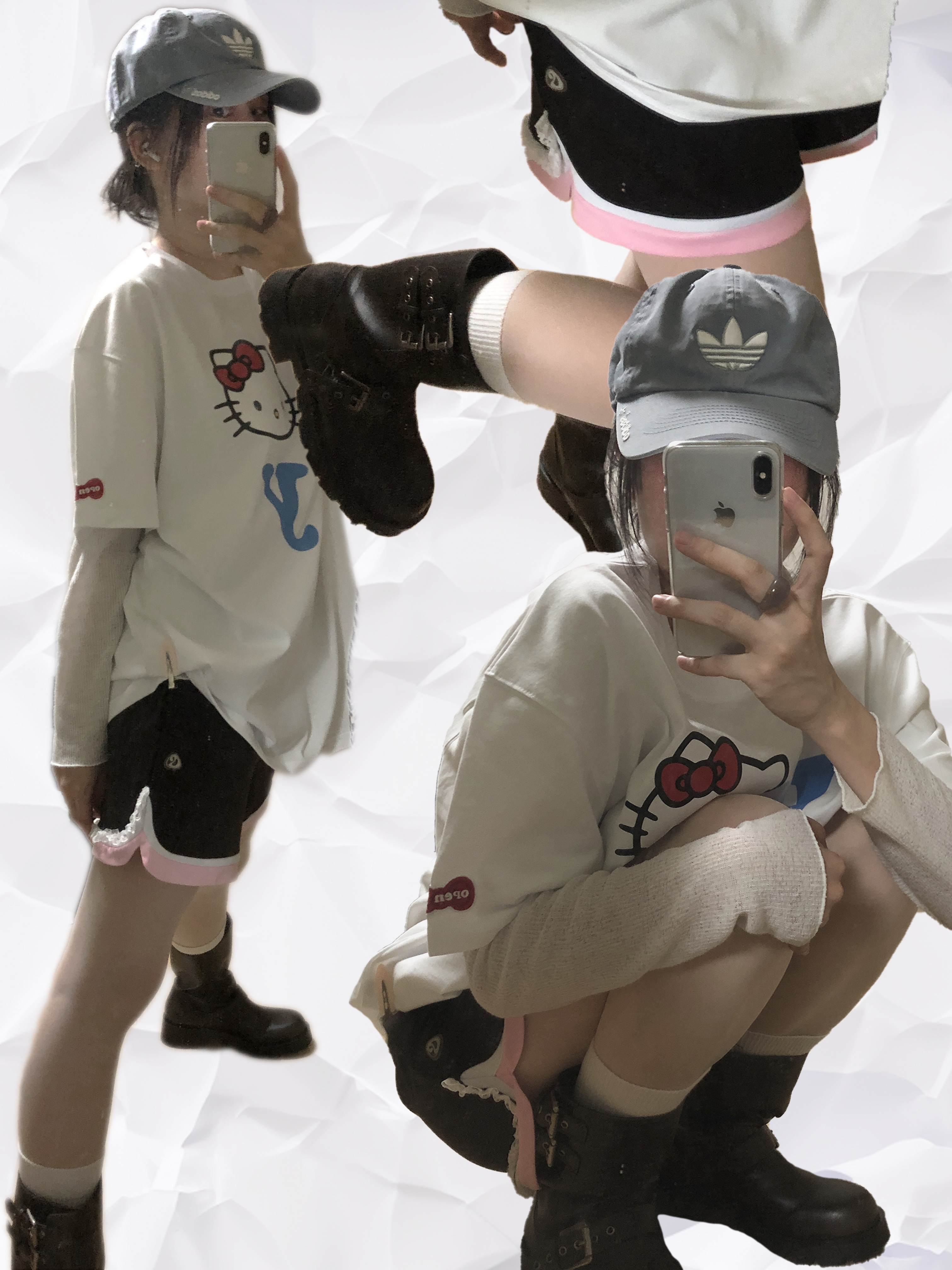 (W) Zara Buckled Biker Flat Ankle Boots Brown, Open Yy x Hello Kitty T-Shirt White 착용 스타일